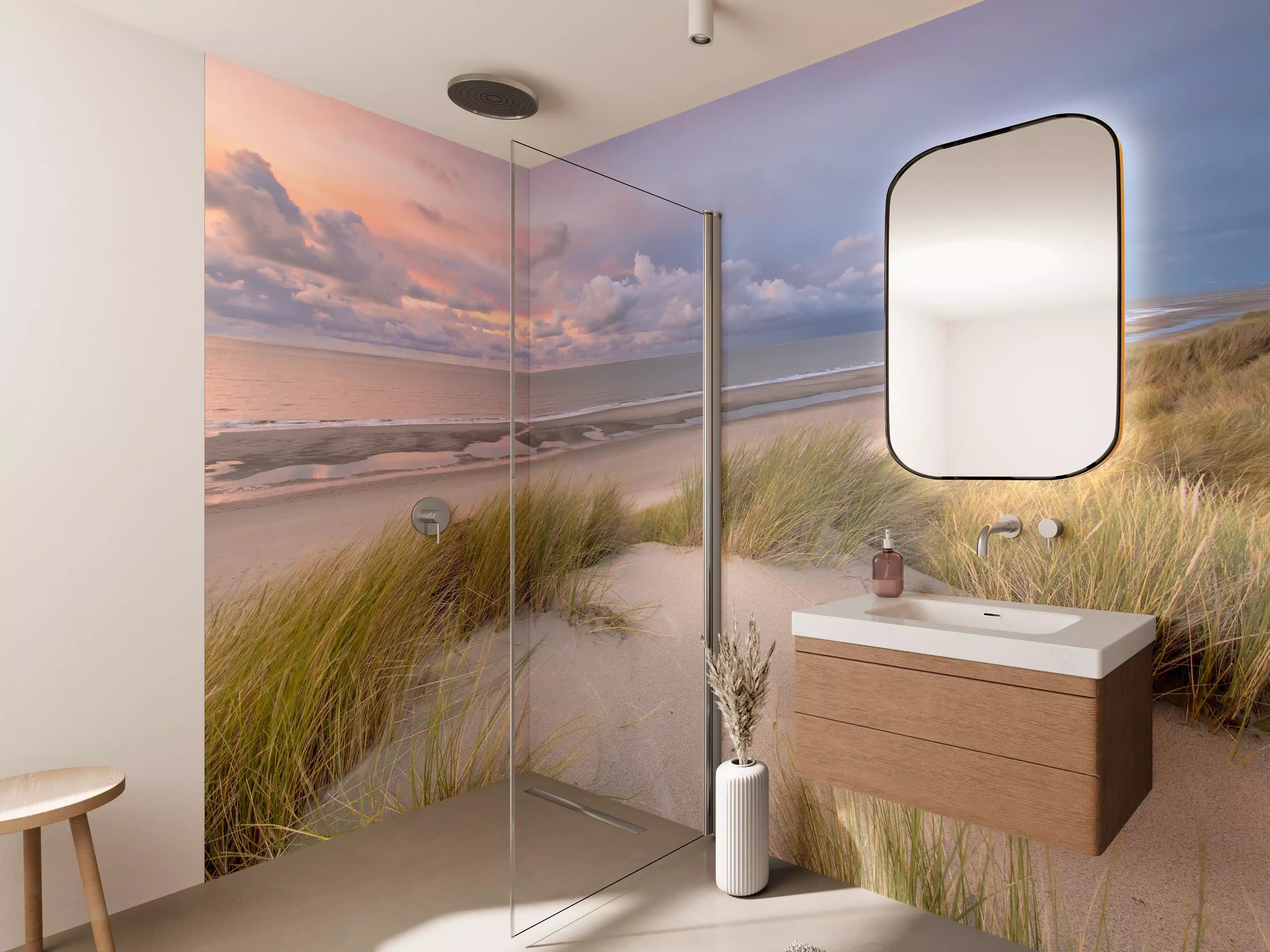 Wandverkleidung Bad - Sonnenuntergang am Strand mit Dünen und Gräsern