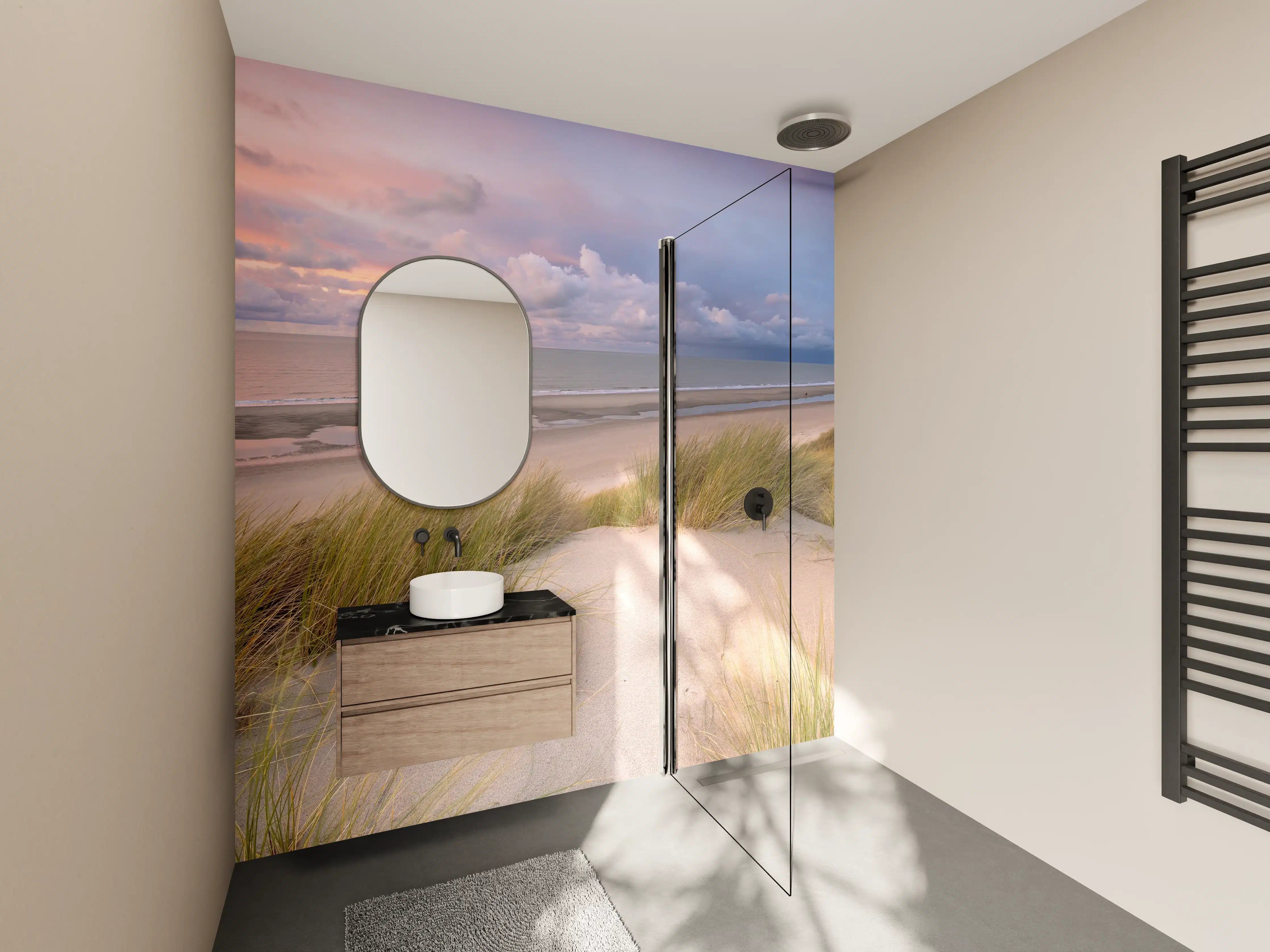 Wandverkleidung Bad - Sonnenuntergang am Strand mit Dünen und Gräsern