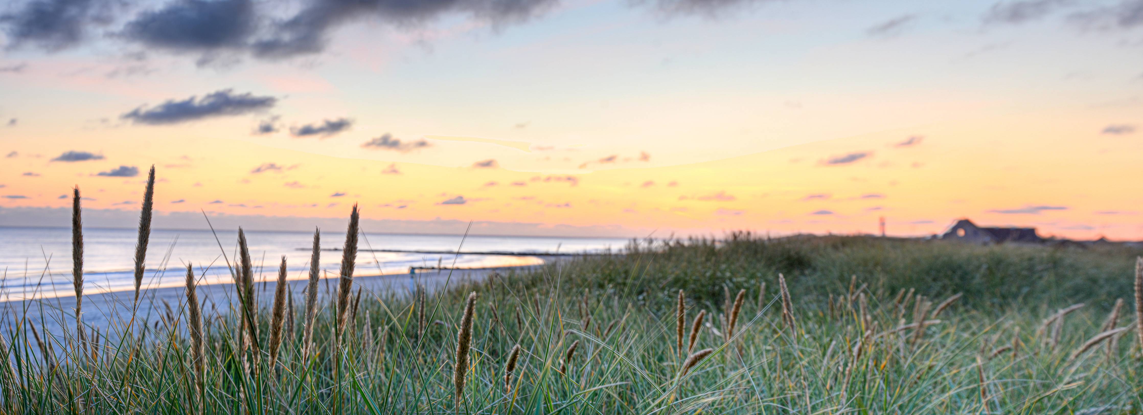 Wandverkleidung Bad-Sonnenuntergang am Strand mit Gras im Vordergrund