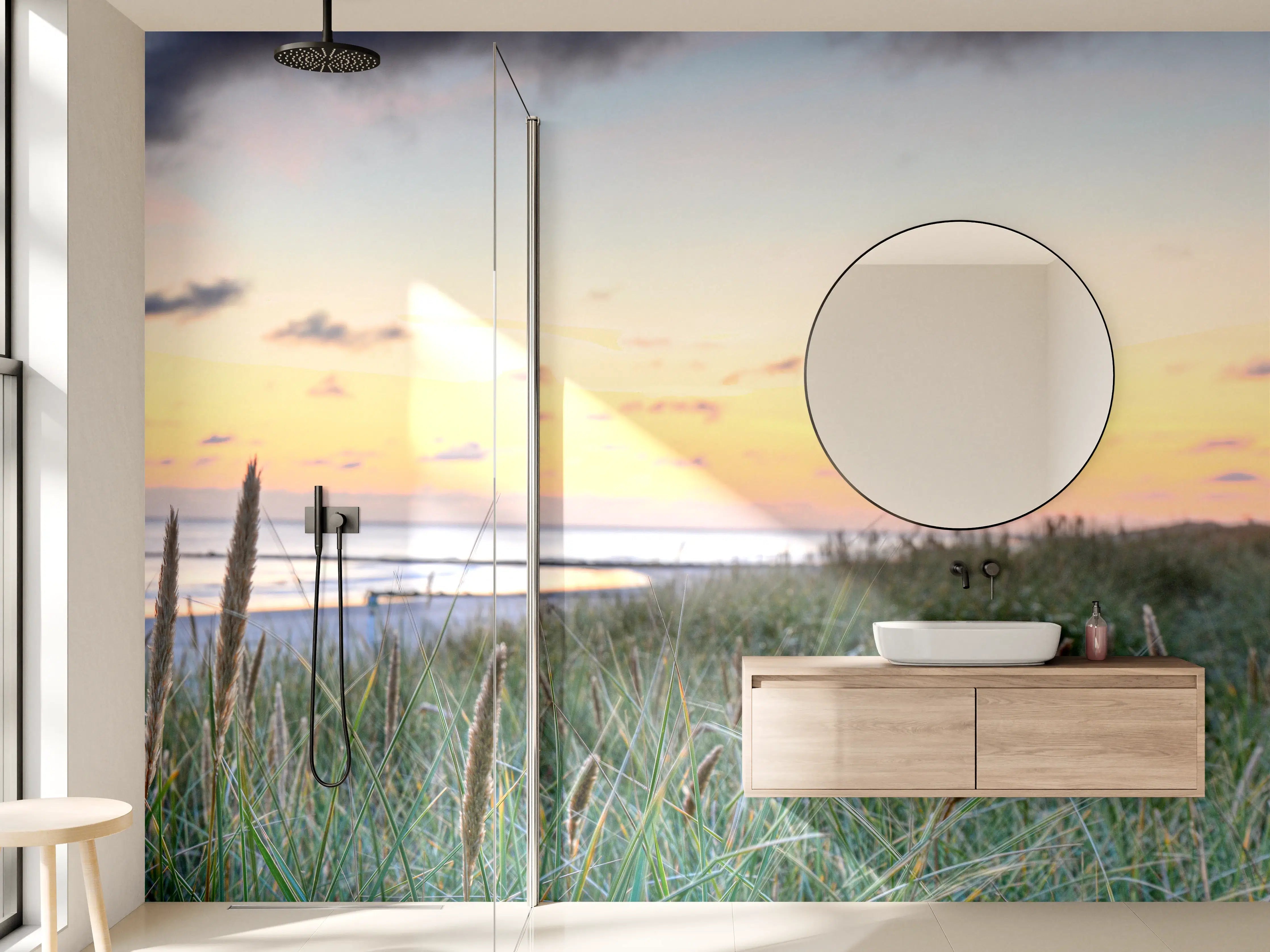 Wandverkleidung Bad - Sonnenuntergang am Strand mit Gras im Vordergrund