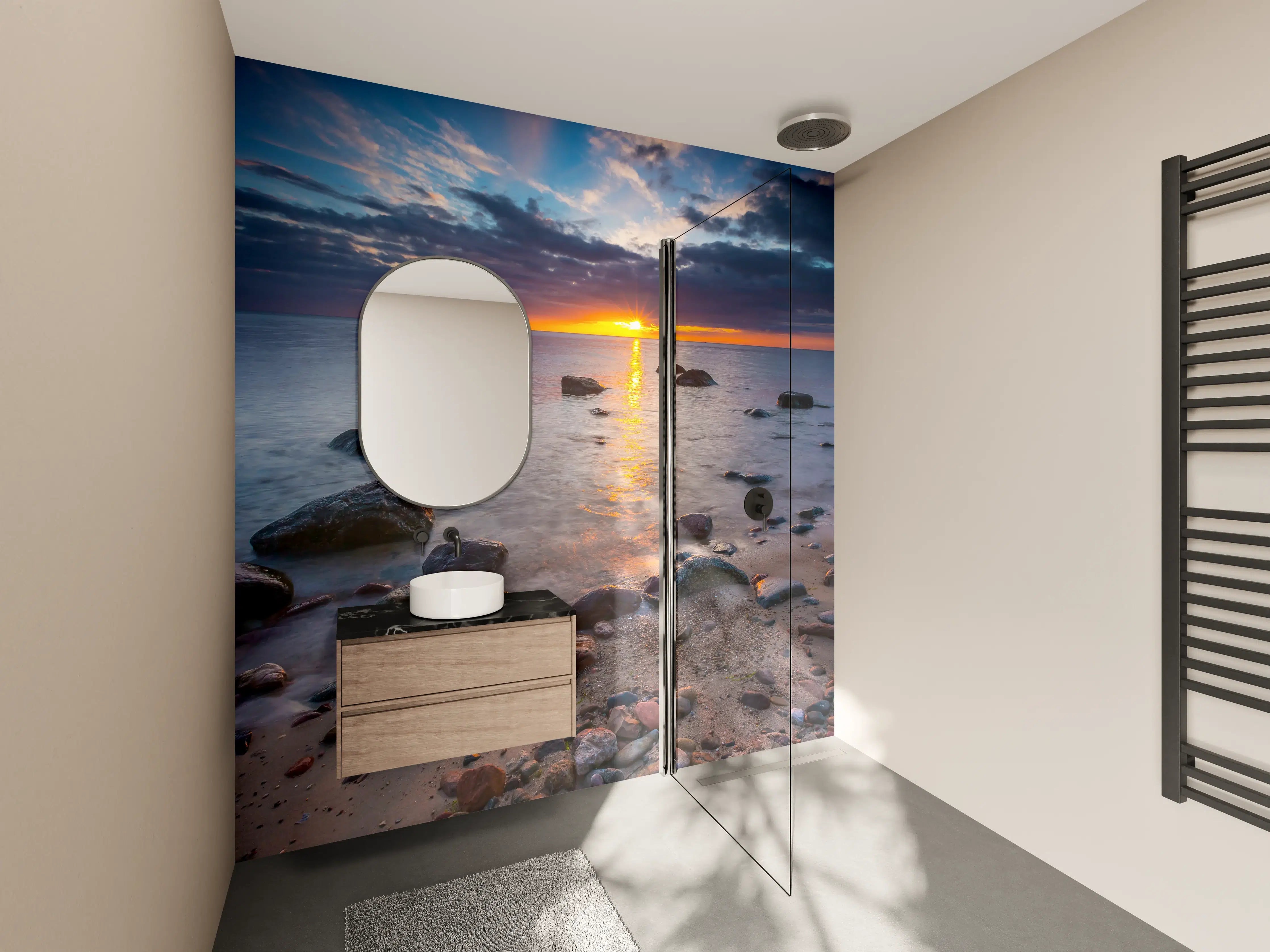 Wandverkleidung Bad - Sonnenuntergang am Strand mit Steinen und Wolken