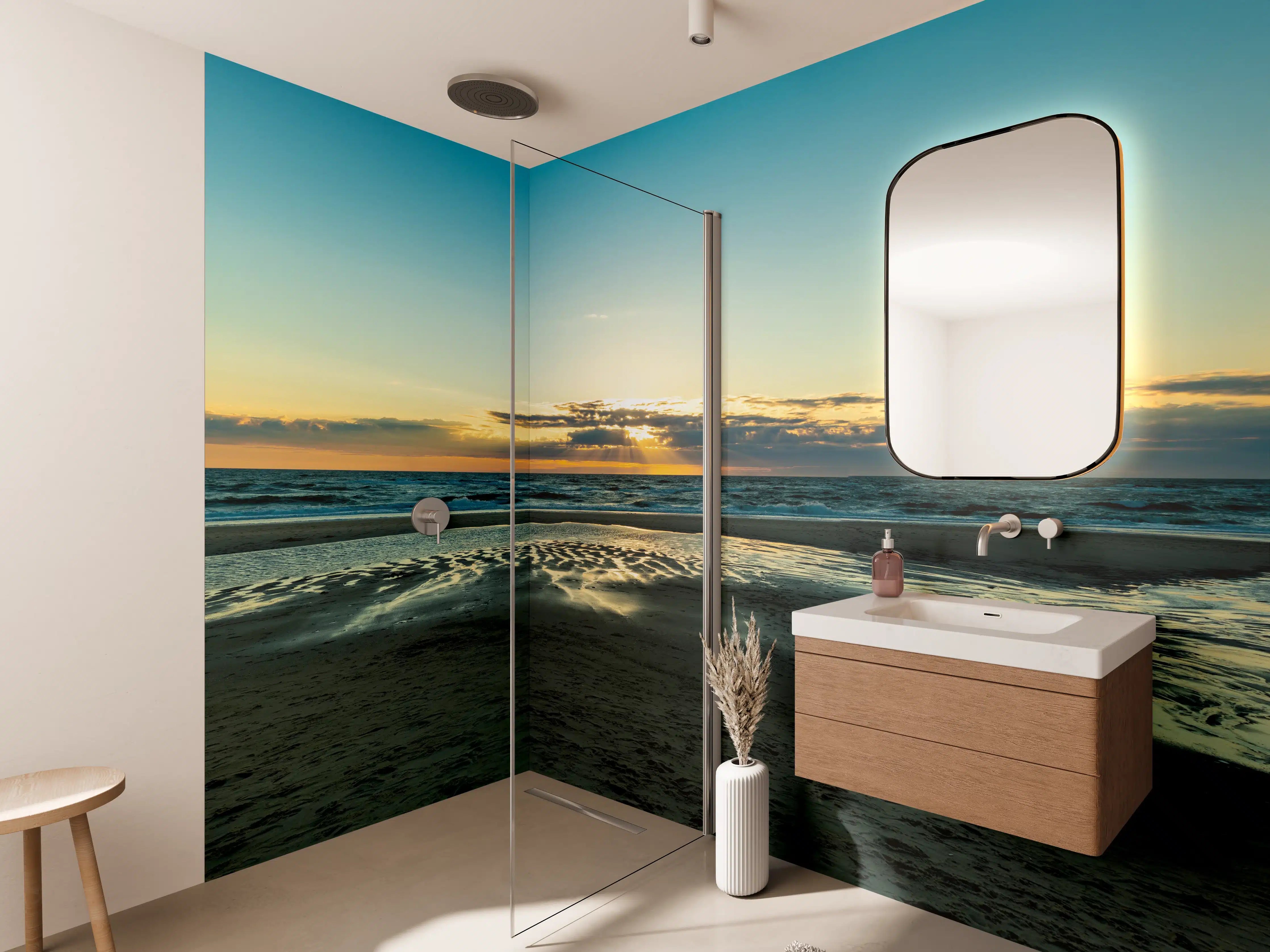 Wandverkleidung Bad - Sonnenuntergang am Strand mit glitzerndem Wasser und ruhiger Atmosphäre