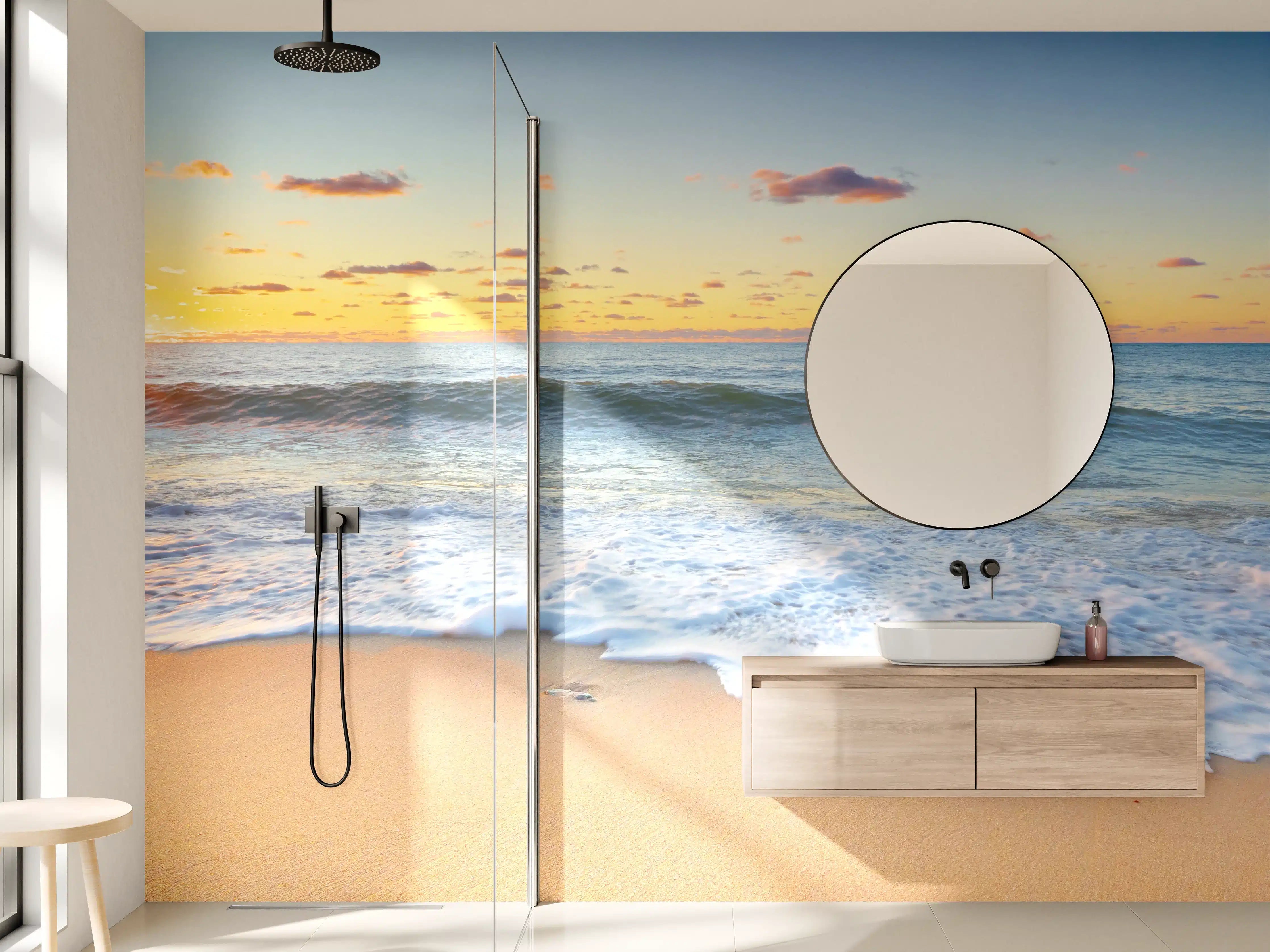 Wandverkleidung Bad - Sonnenuntergang am Strand mit warmen Farbtönen