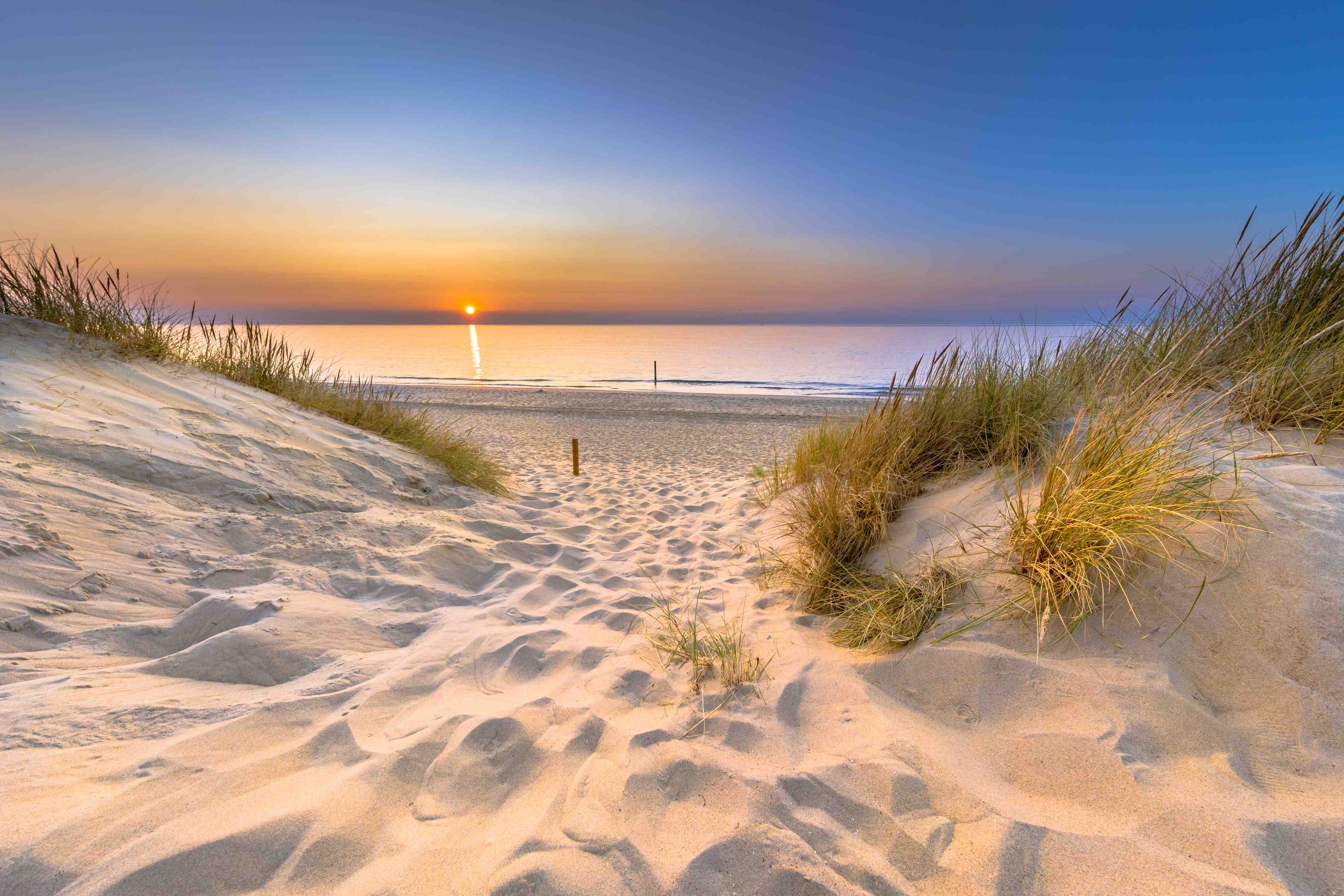 Wandverkleidung Bad-Sonnenuntergang über dem Strand mit Dünen