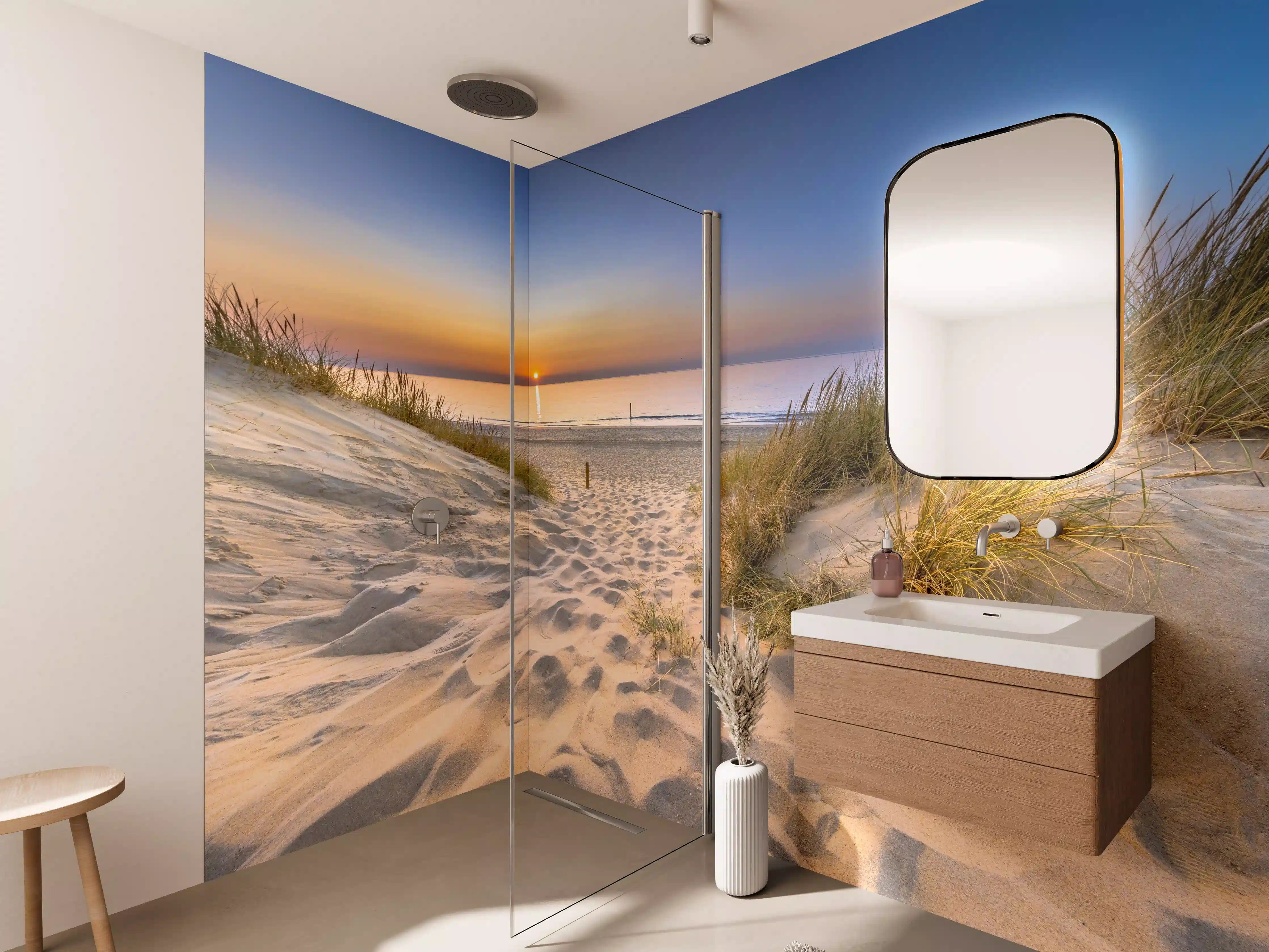 Wandverkleidung Bad - Sonnenuntergang über dem Strand mit Dünen