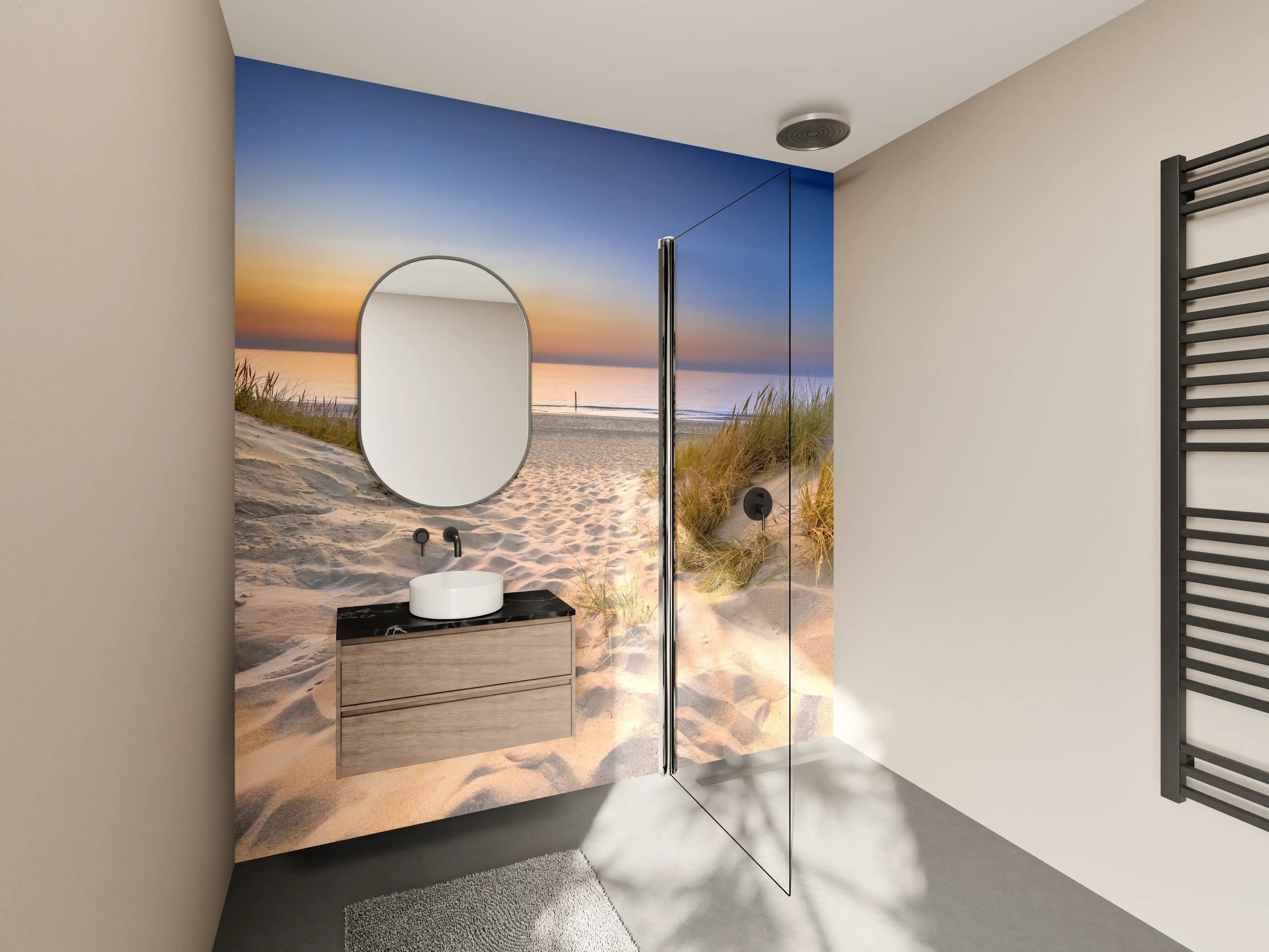 Wandverkleidung Bad - Sonnenuntergang über dem Strand mit Dünen