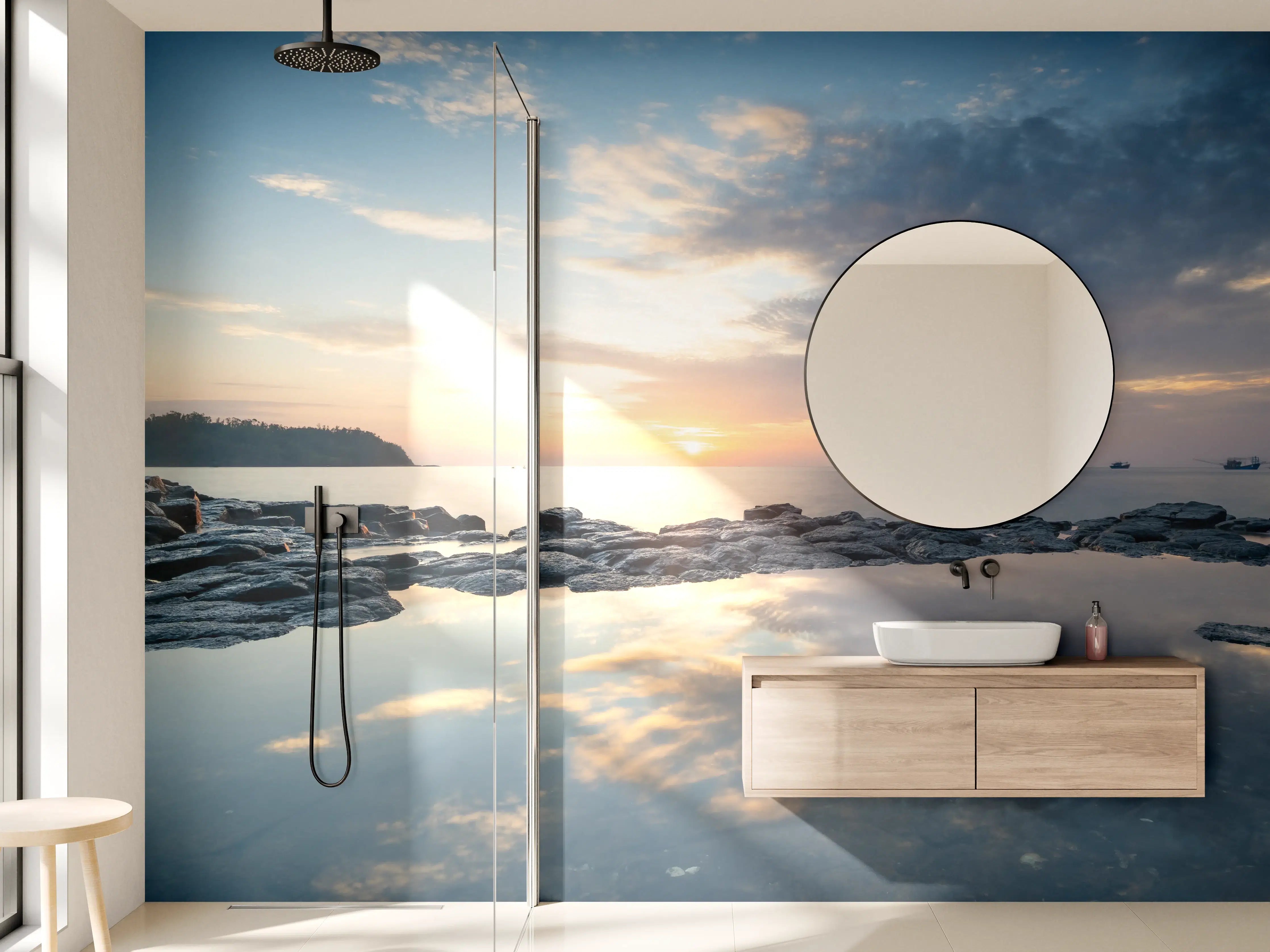 Wandverkleidung Bad - Sonnenuntergang über dem Wasser mit bewölktem Himmel