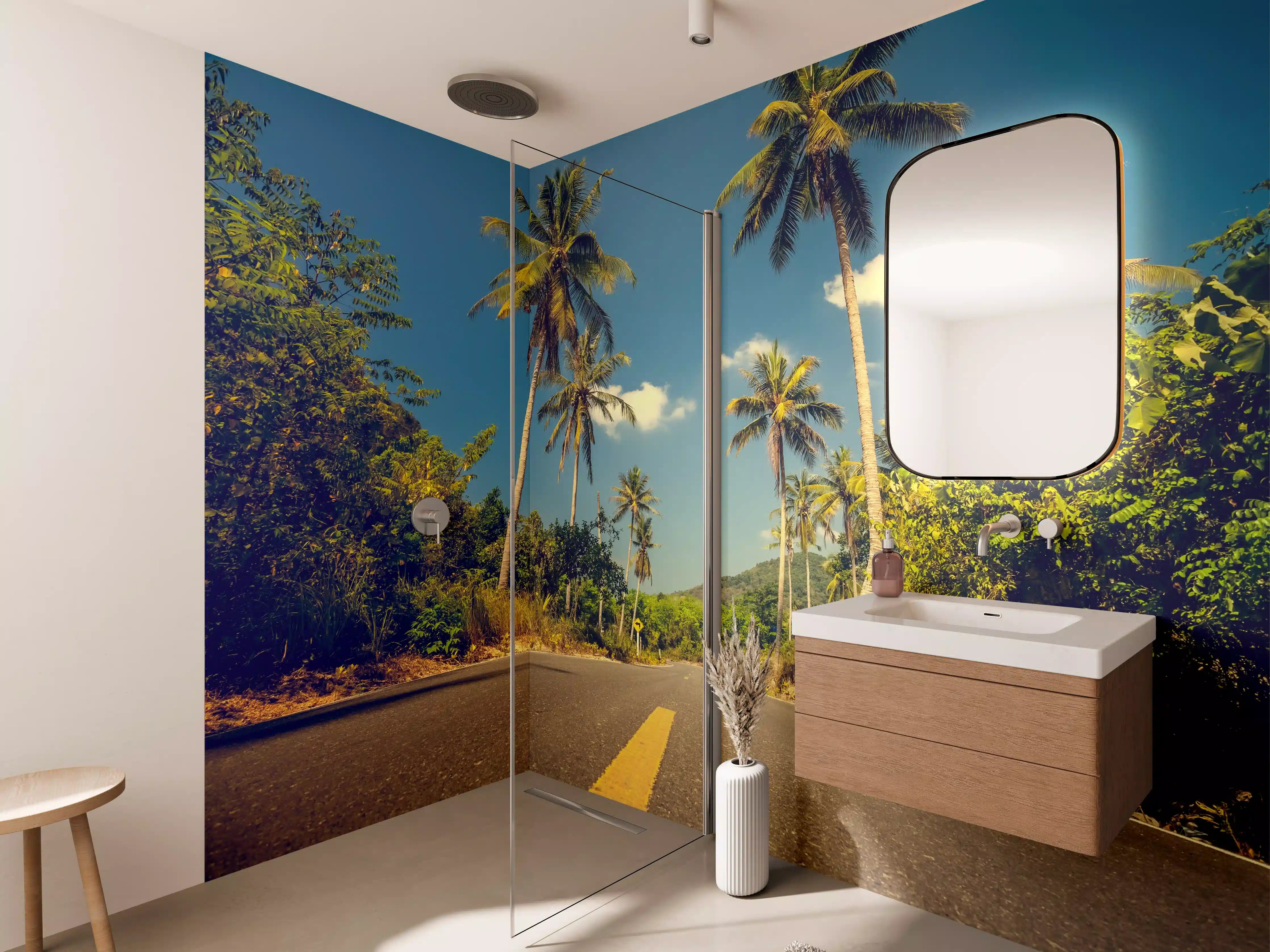 Wandverkleidung Bad - Sonnenverwöhnte Flussstraße mit Palmen