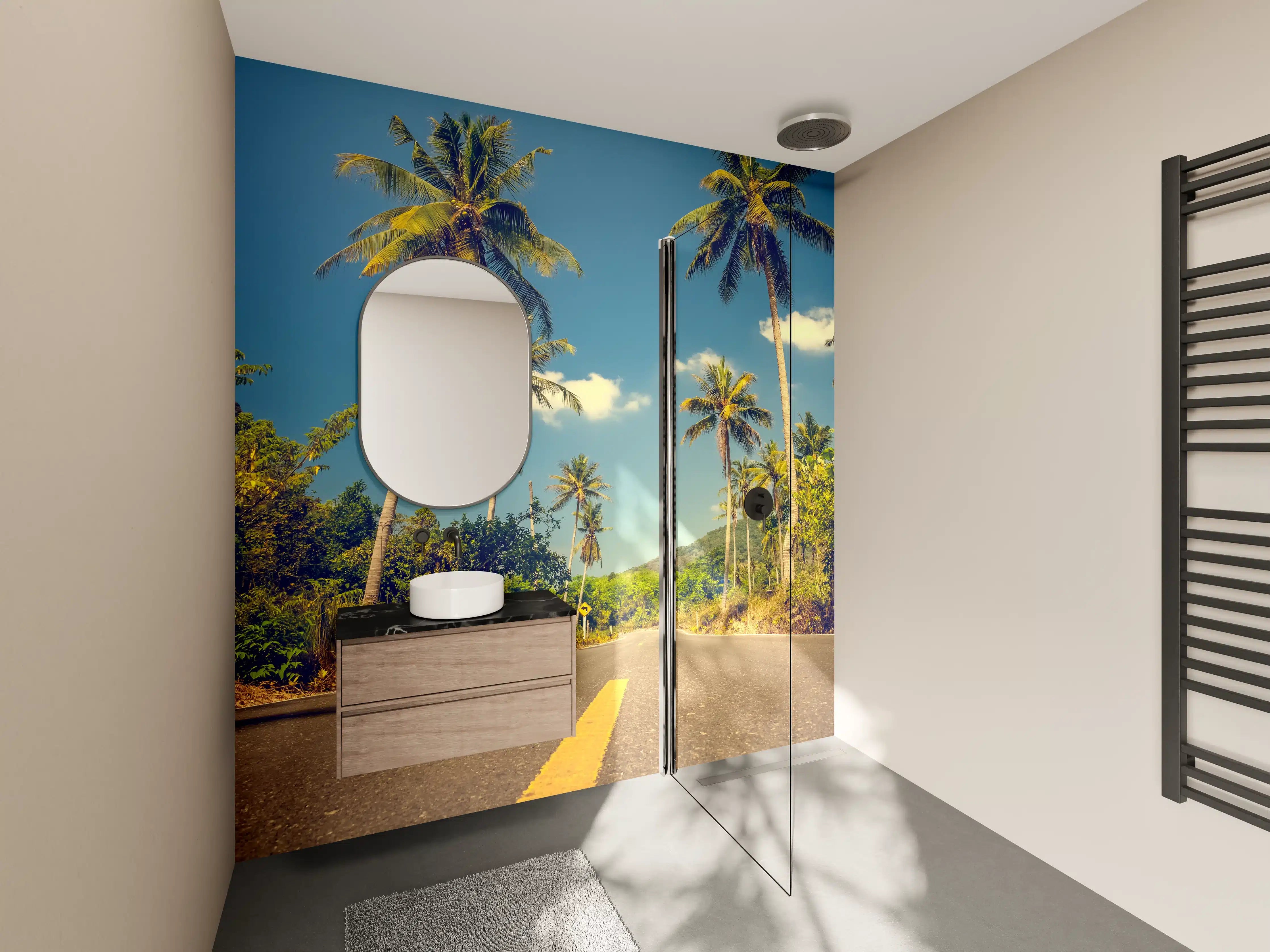 Wandverkleidung Bad - Sonnenverwöhnte Flussstraße mit Palmen