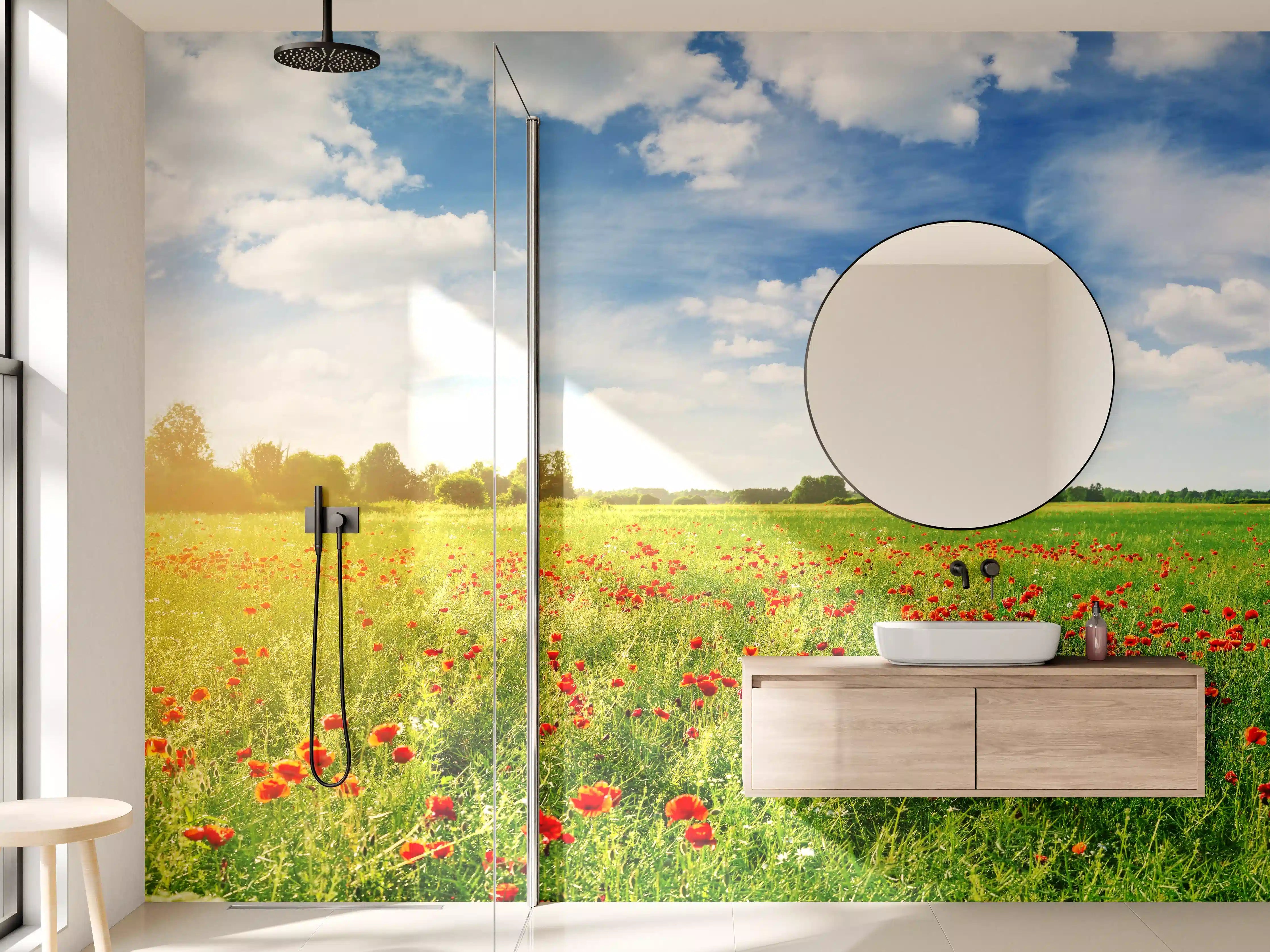 Wandverkleidung Bad - Sonniger Blütengarten im Frühling