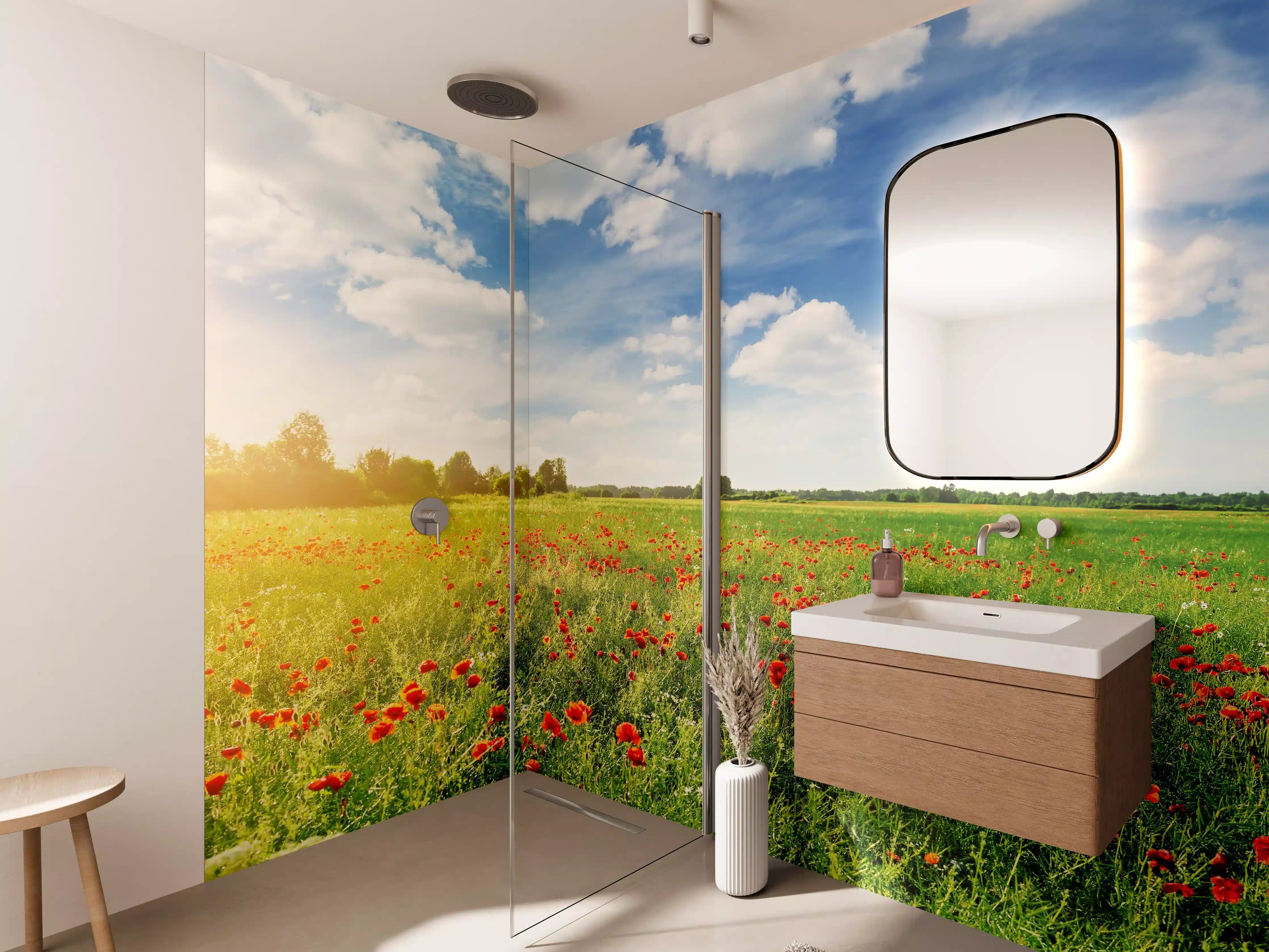 Wandverkleidung Bad - Sonniger Blütengarten im Frühling