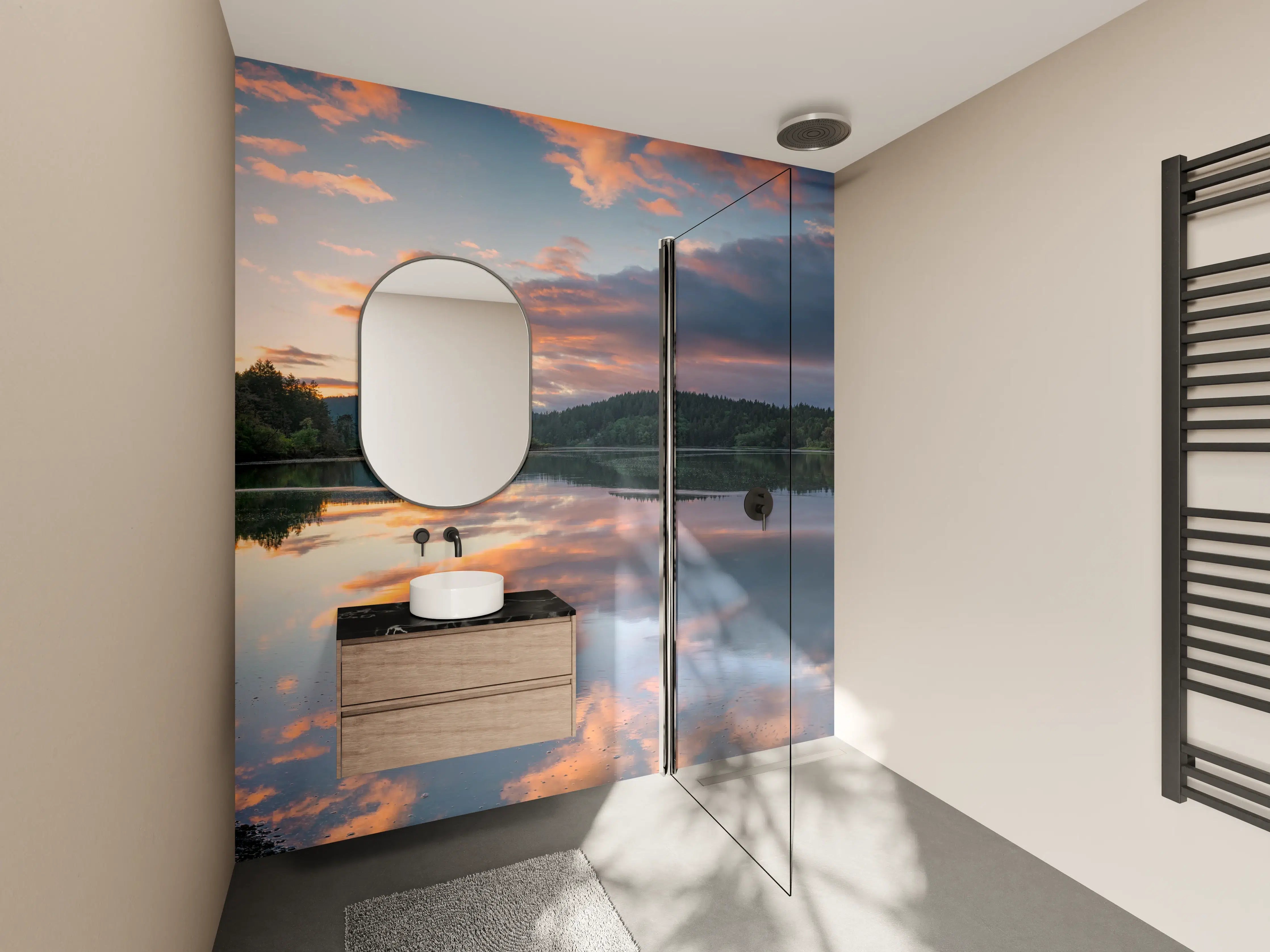 Wandverkleidung Bad - Spiegelnder See im Sonnenuntergang