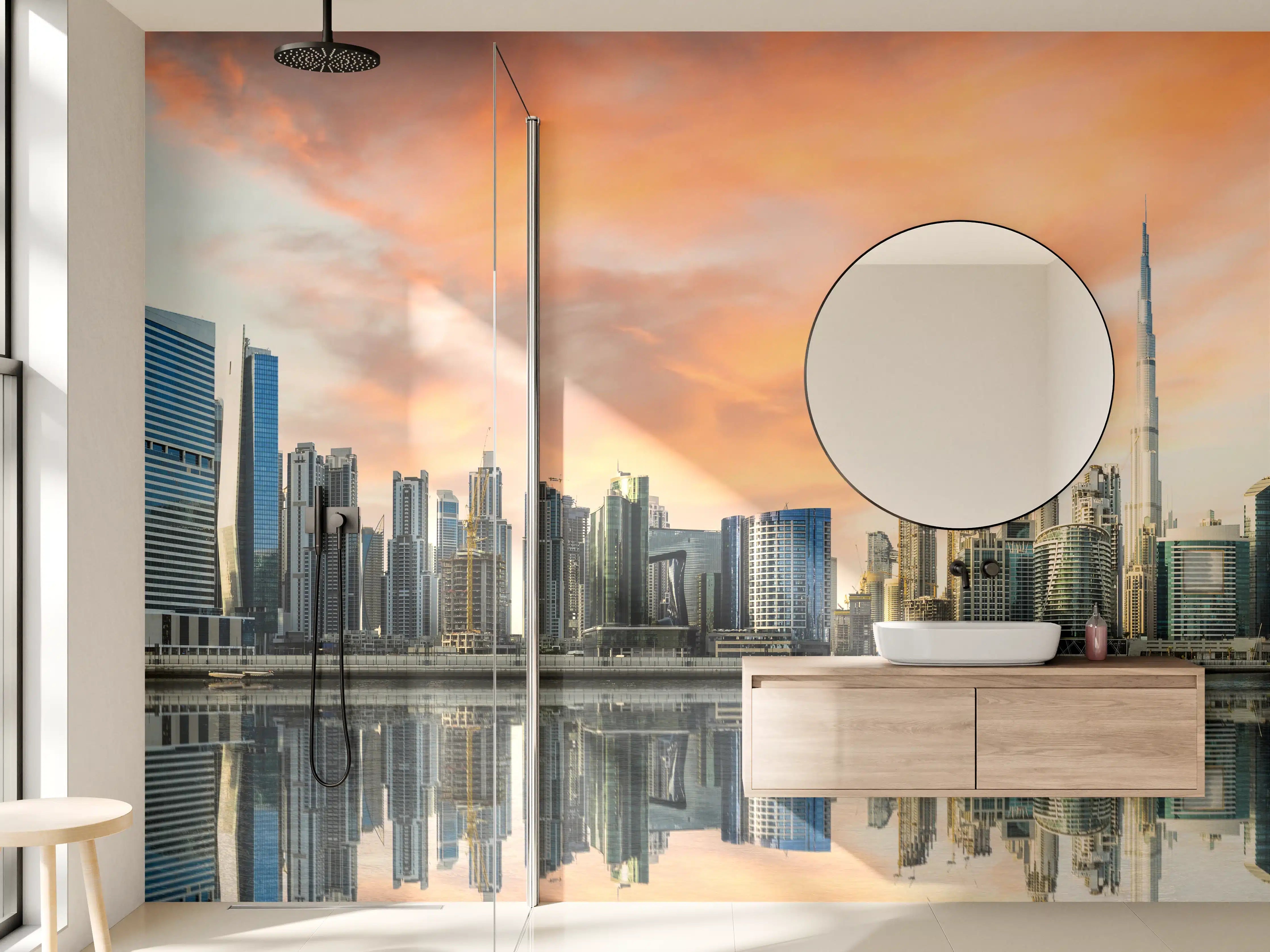 Wandverkleidung Bad - Stadt-Skyline im Abendrot