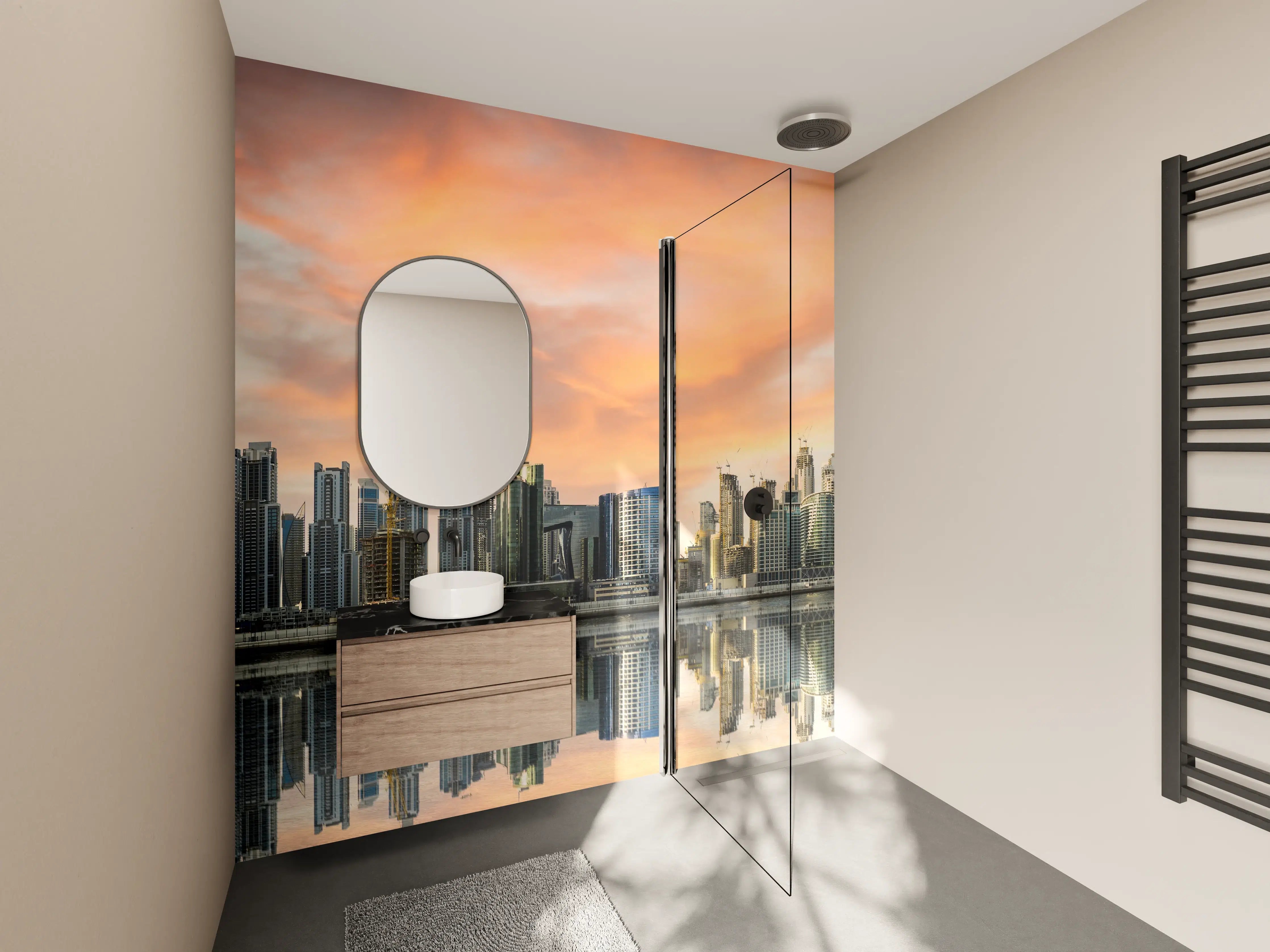 Wandverkleidung Bad - Stadt-Skyline im Abendrot