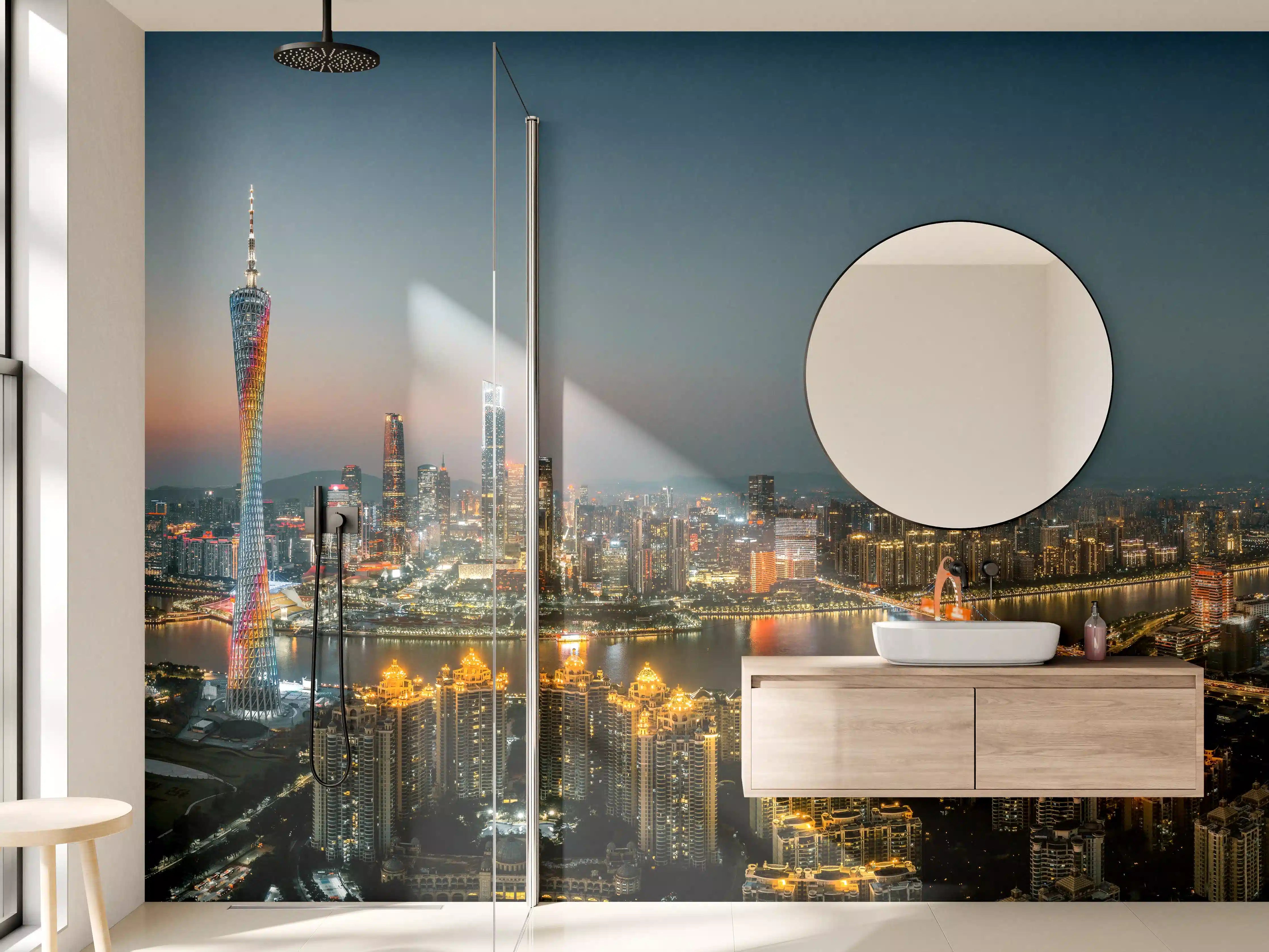 Wandverkleidung Bad - Stadt bei Sonnenuntergang mit leuchtender Skyline