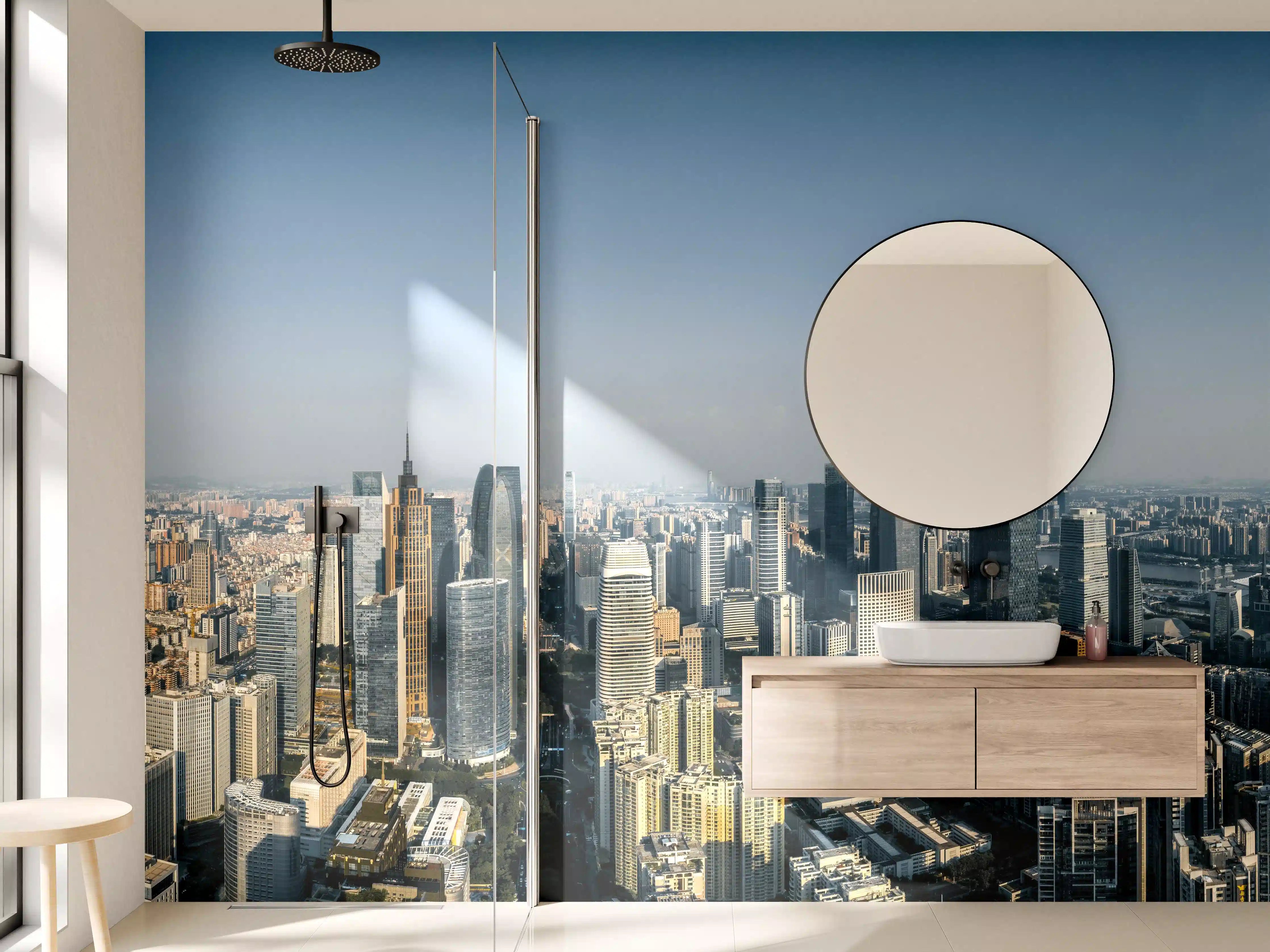 Wandverkleidung Bad - Stadtpanorama bei Sonnenuntergang mit Wolken