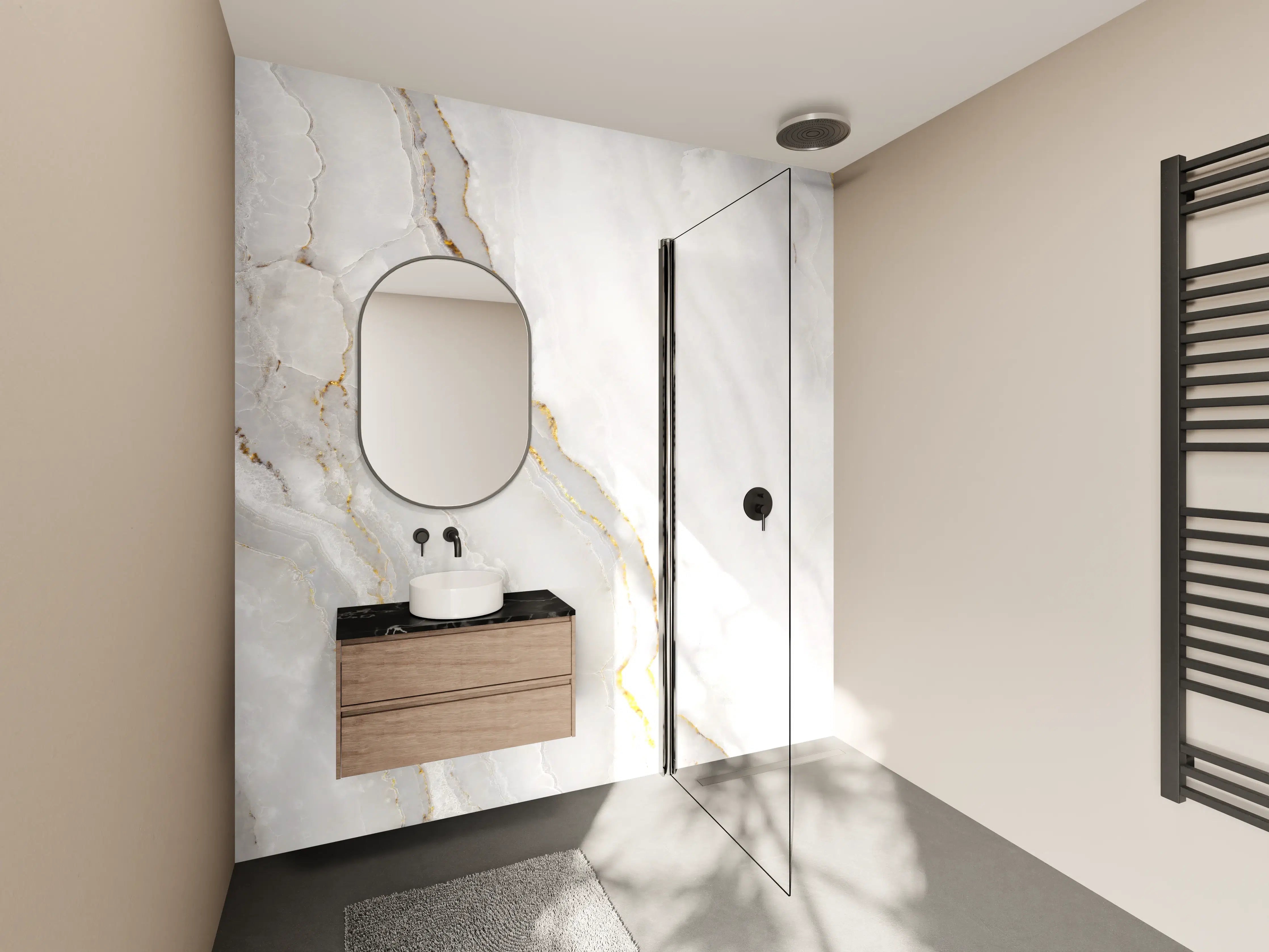 Wandverkleidung Bad - Statuario Marmor mit goldenen Akzenten