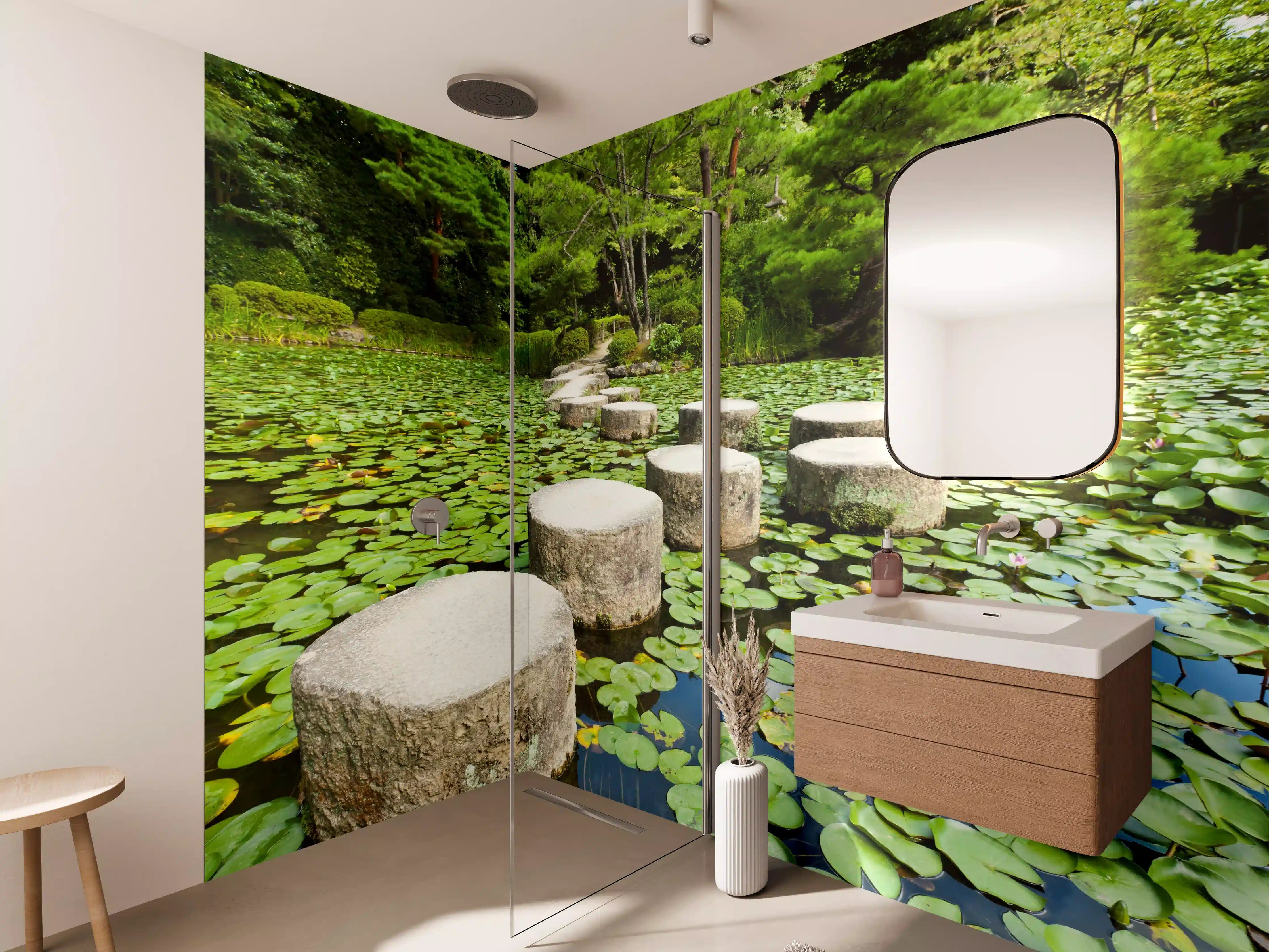 Wandverkleidung Bad - Stein-Zen-Pfad umhüllt von Wasserpflanzen