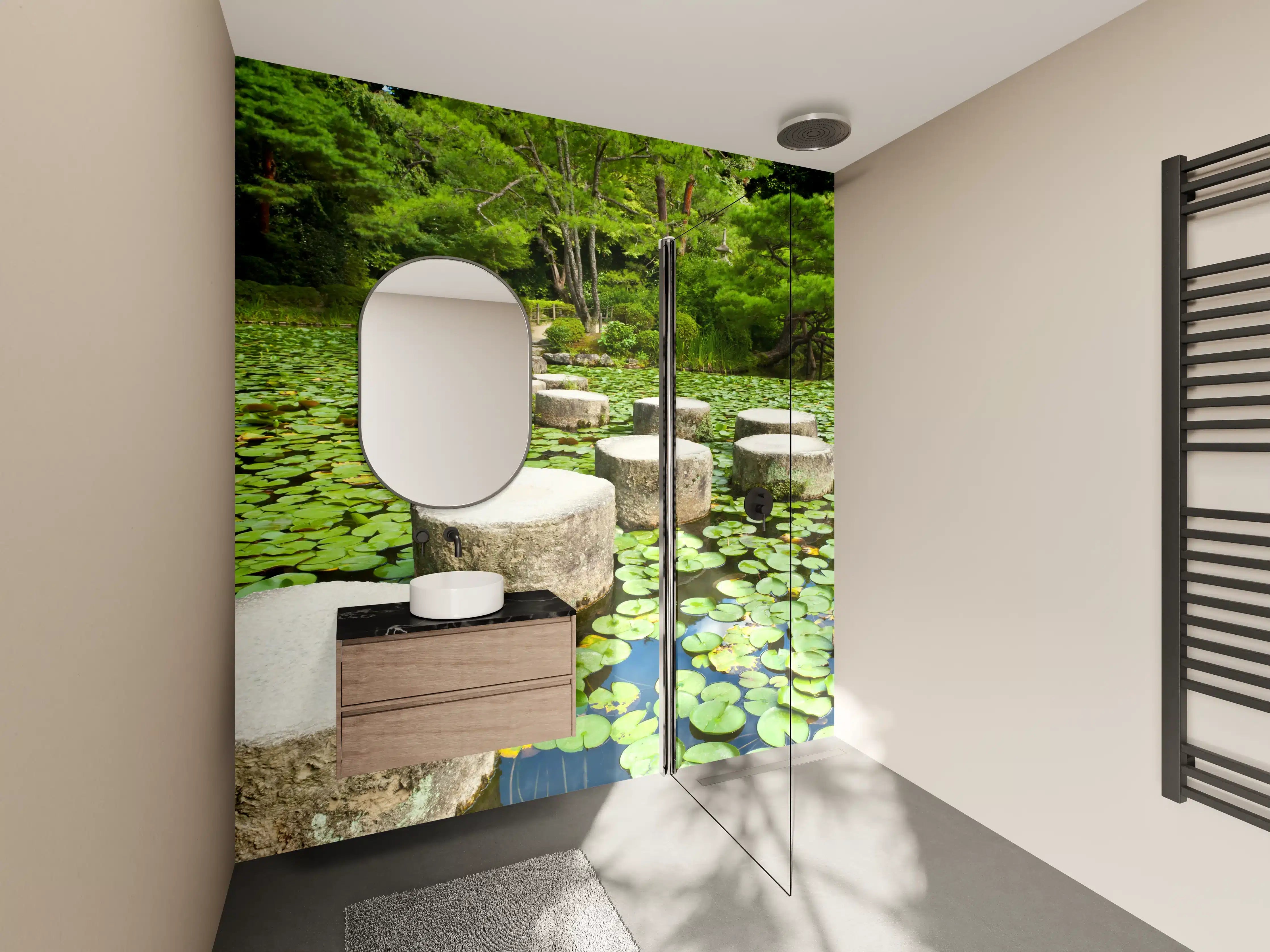 Wandverkleidung Bad - Stein-Zen-Pfad umhüllt von Wasserpflanzen