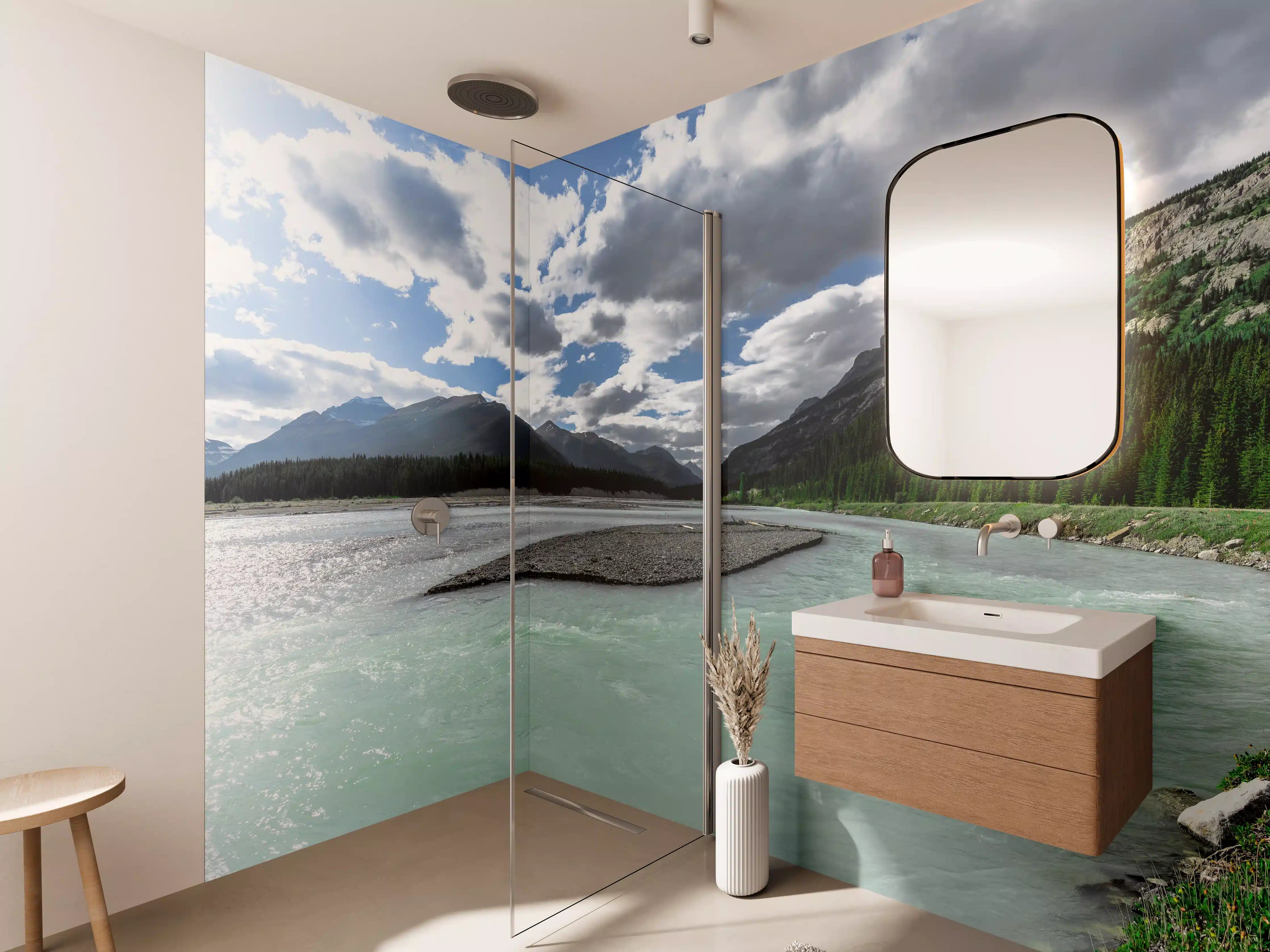 Wandverkleidung Bad - Steinlandschaft auf dem Wasser in Banff