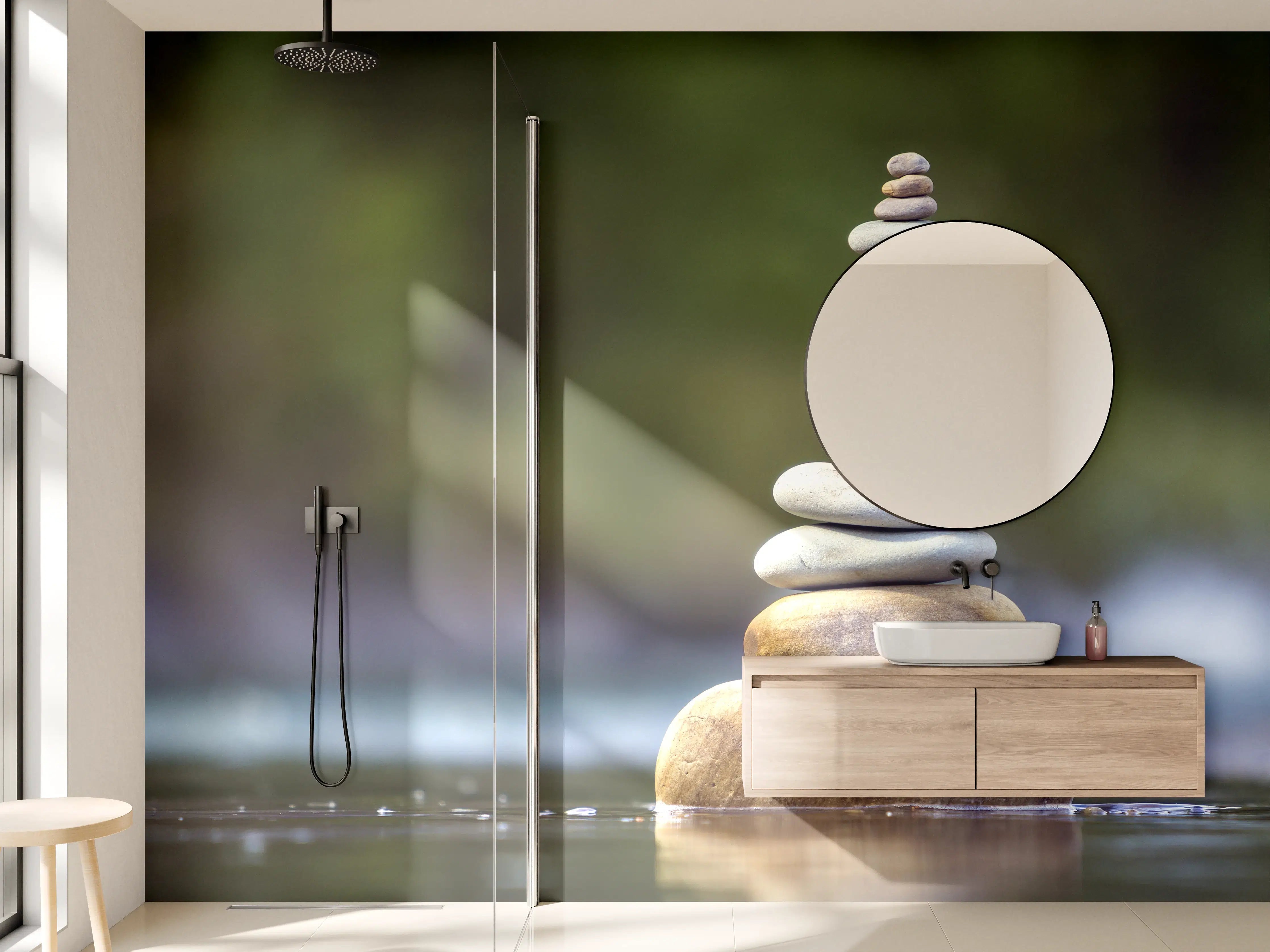 Wandverkleidung Bad - Steinpyramide am Wasser