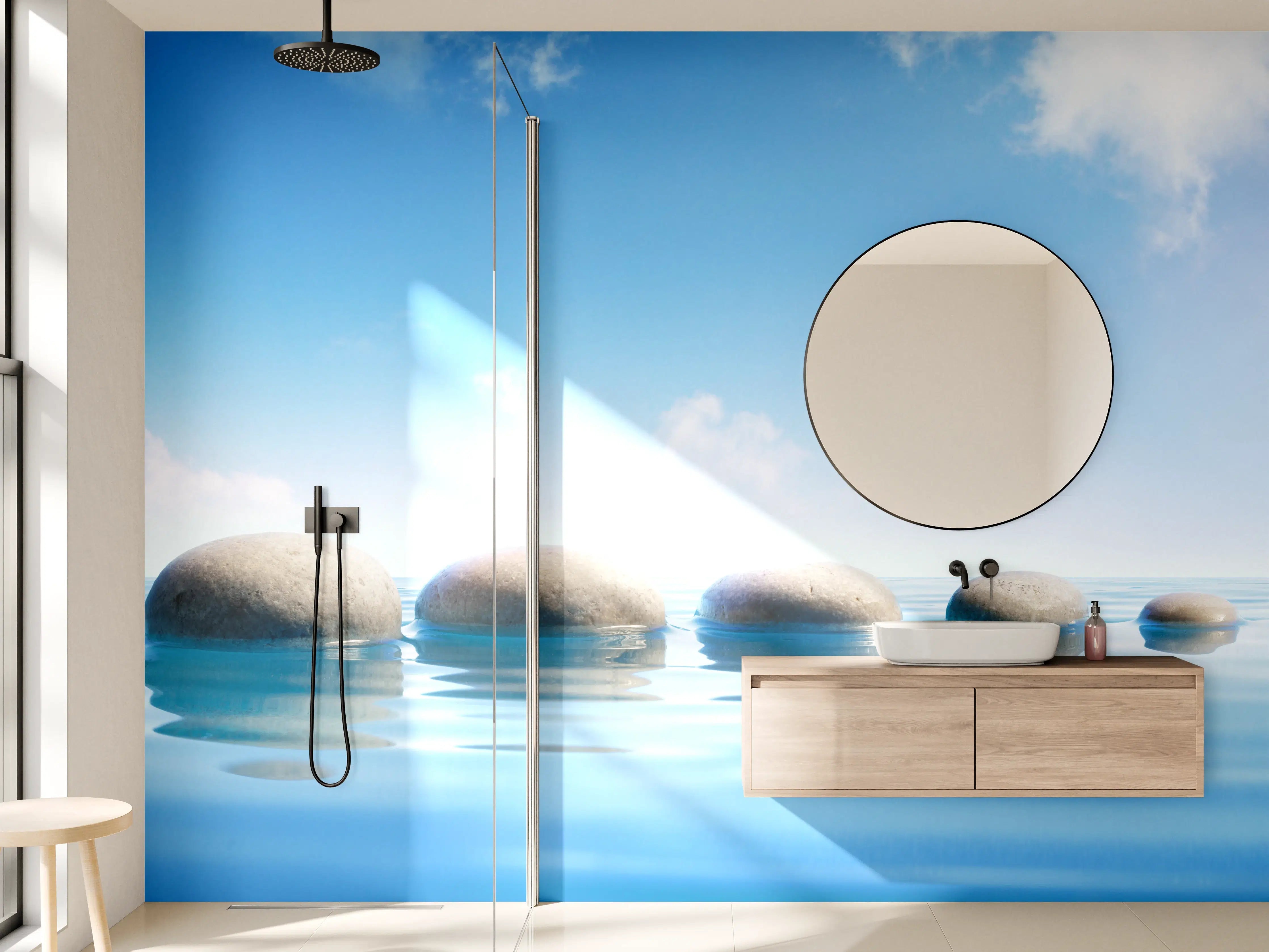 Wandverkleidung Bad - Steinreihe auf Wasser