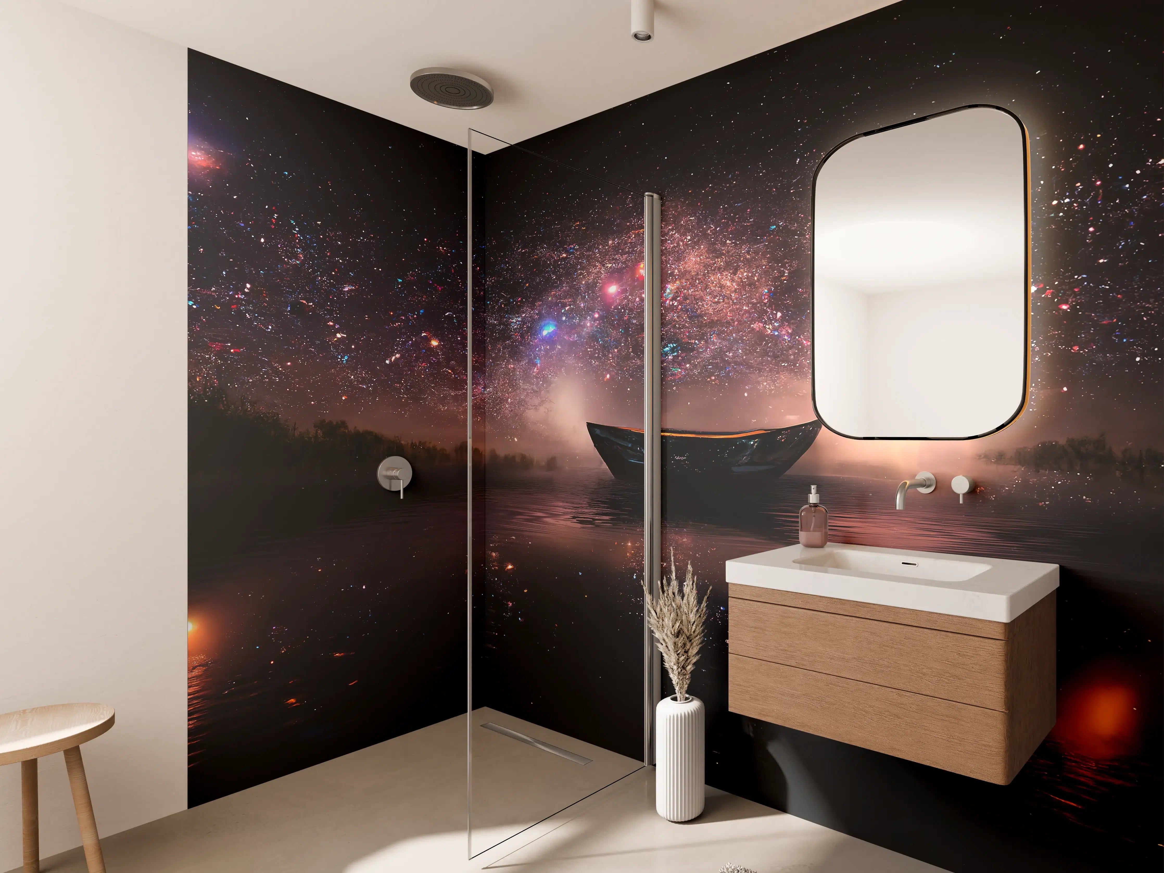 Wandverkleidung Bad - Sternenhimmel Boot Nachtsee