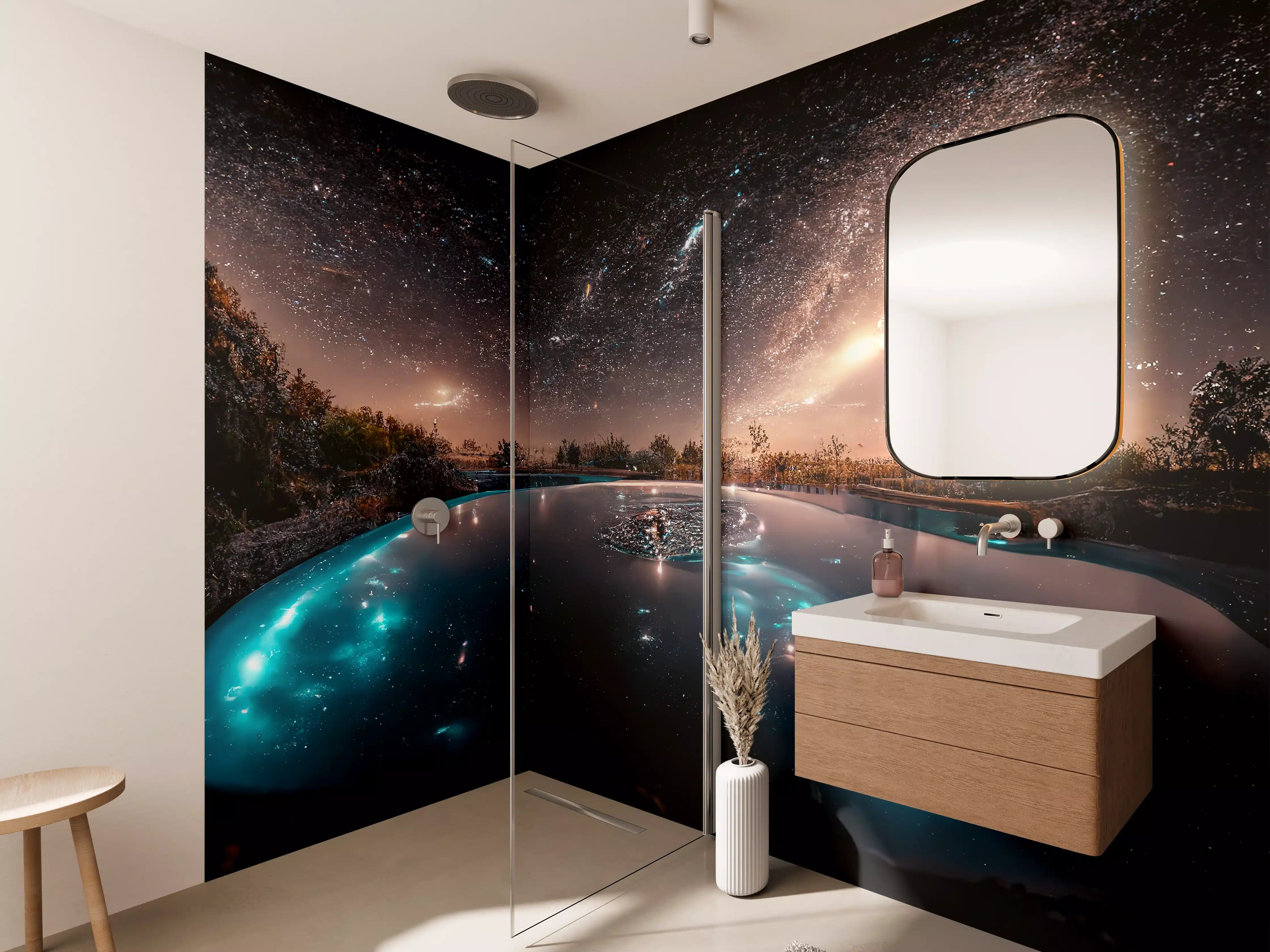 Wandverkleidung Bad - Sternennacht Spiegelung See