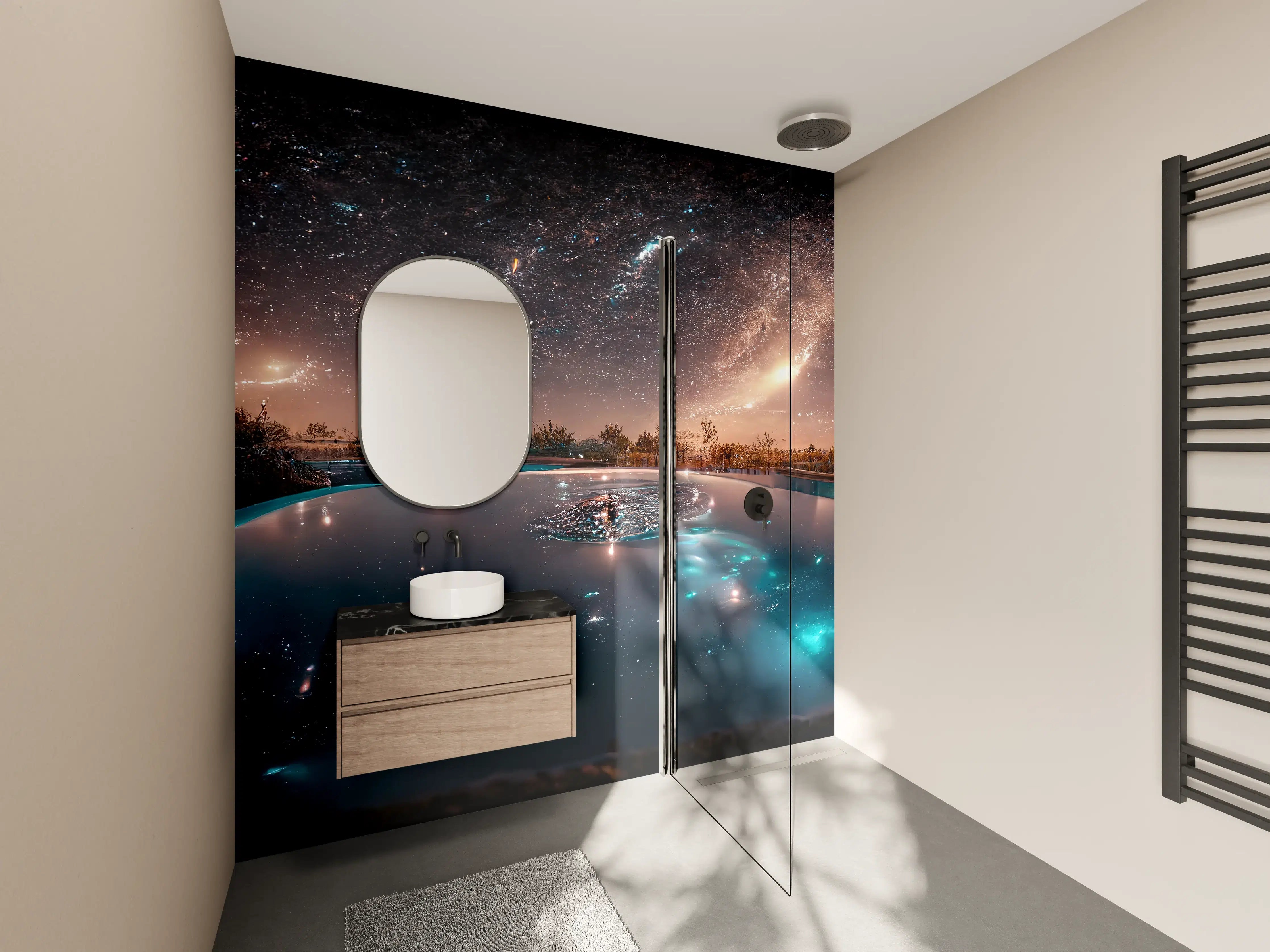 Wandverkleidung Bad - Sternennacht Spiegelung See