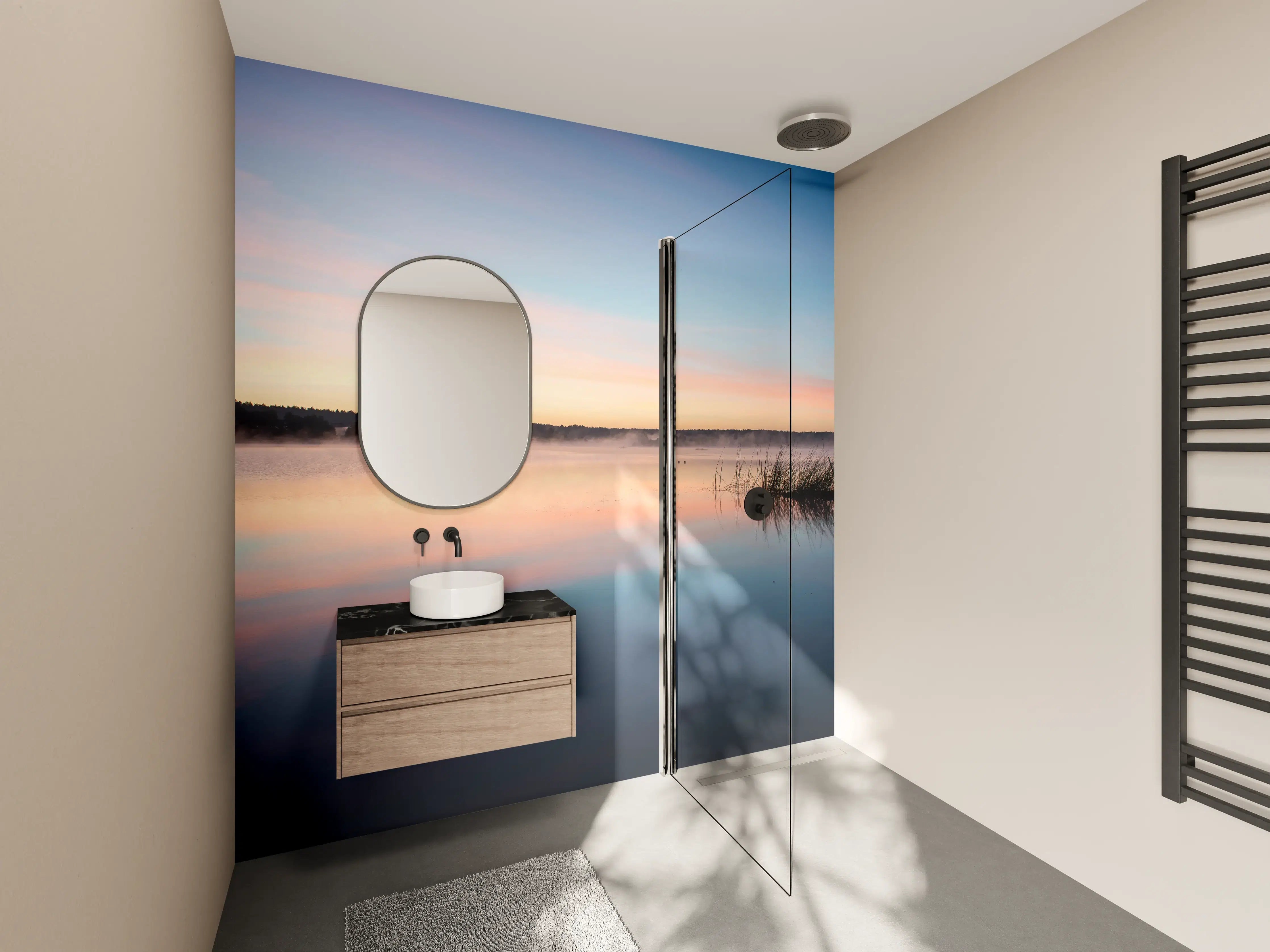 Wandverkleidung Bad - Stimmungsvoller Sonnenuntergang über dem Wasser