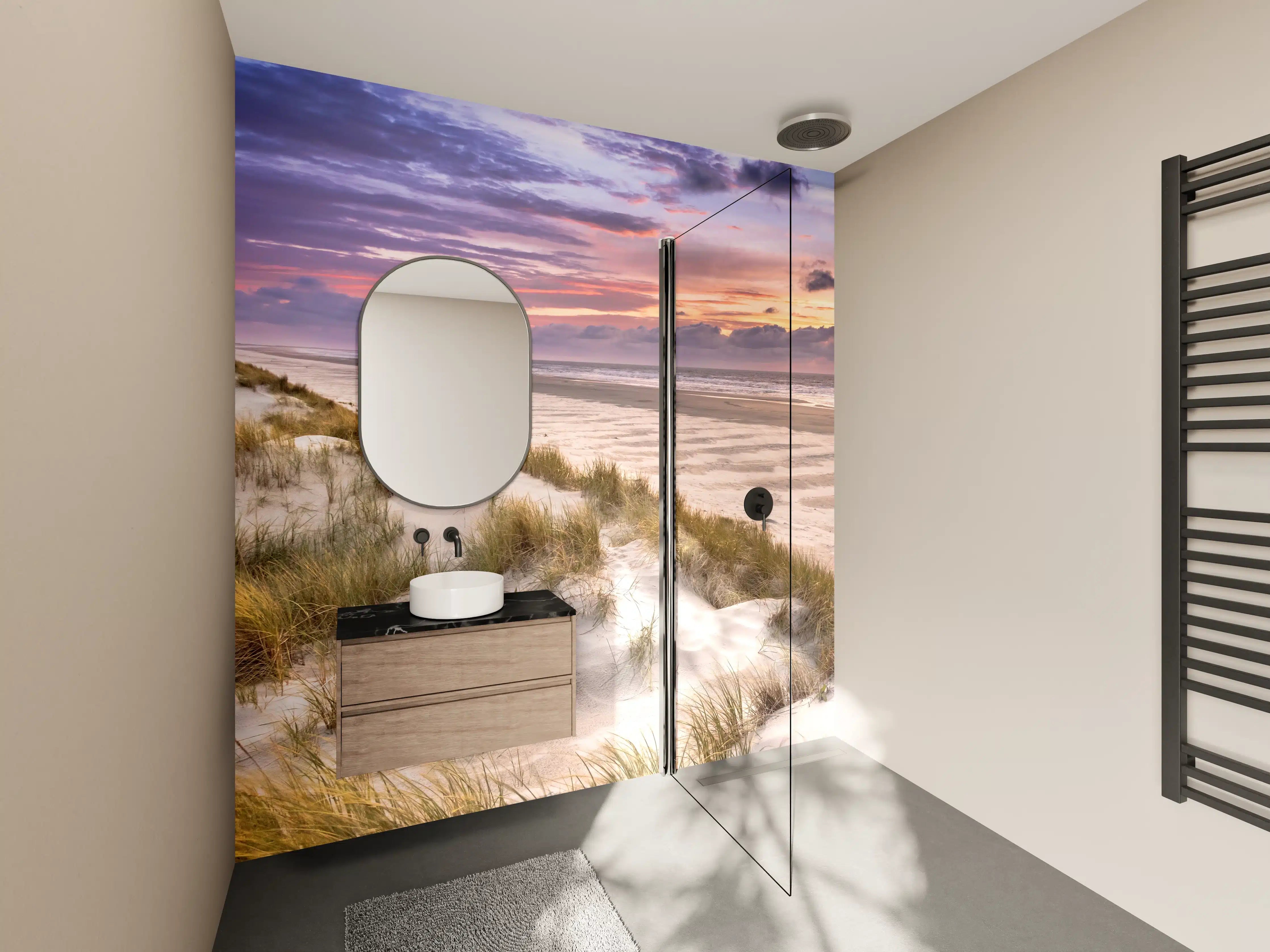 Wandverkleidung Bad - Strand bei Sonnenuntergang mit Dünen und Himmel in Pink und Blau