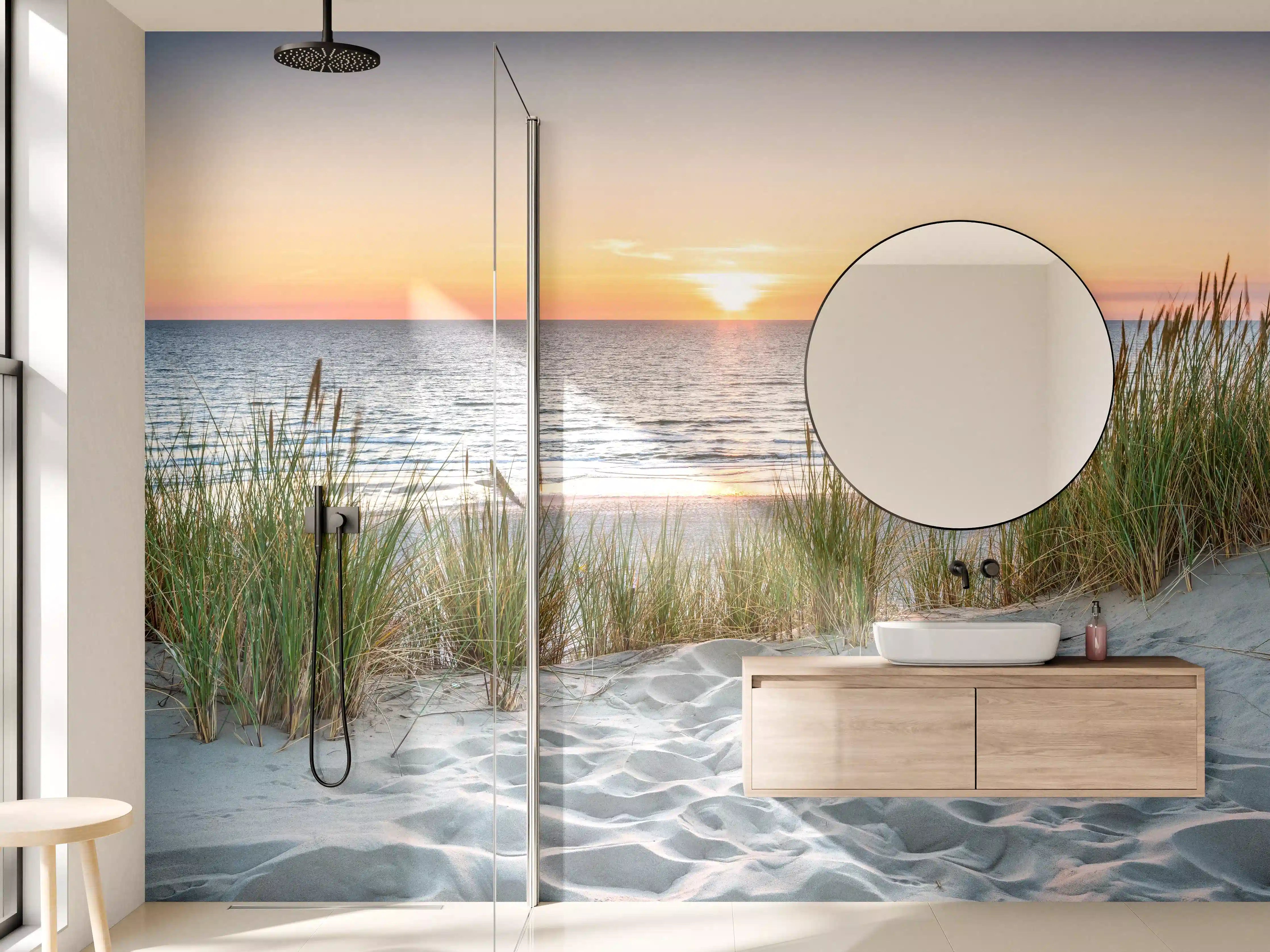 Wandverkleidung Bad - Strand bei Sonnenuntergang mit Gräsern
