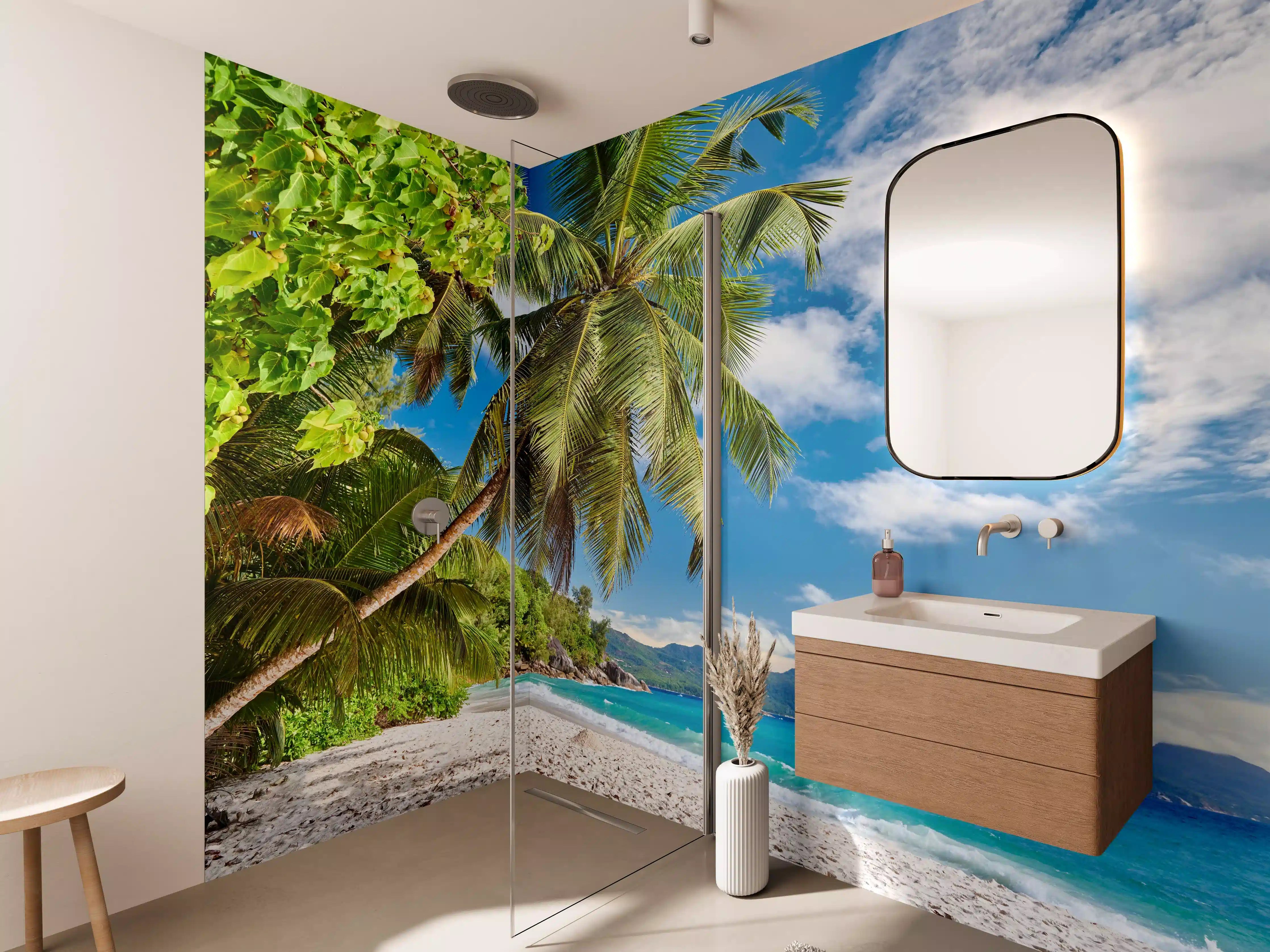 Wandverkleidung Bad - Strand mit Palmen und blauer See