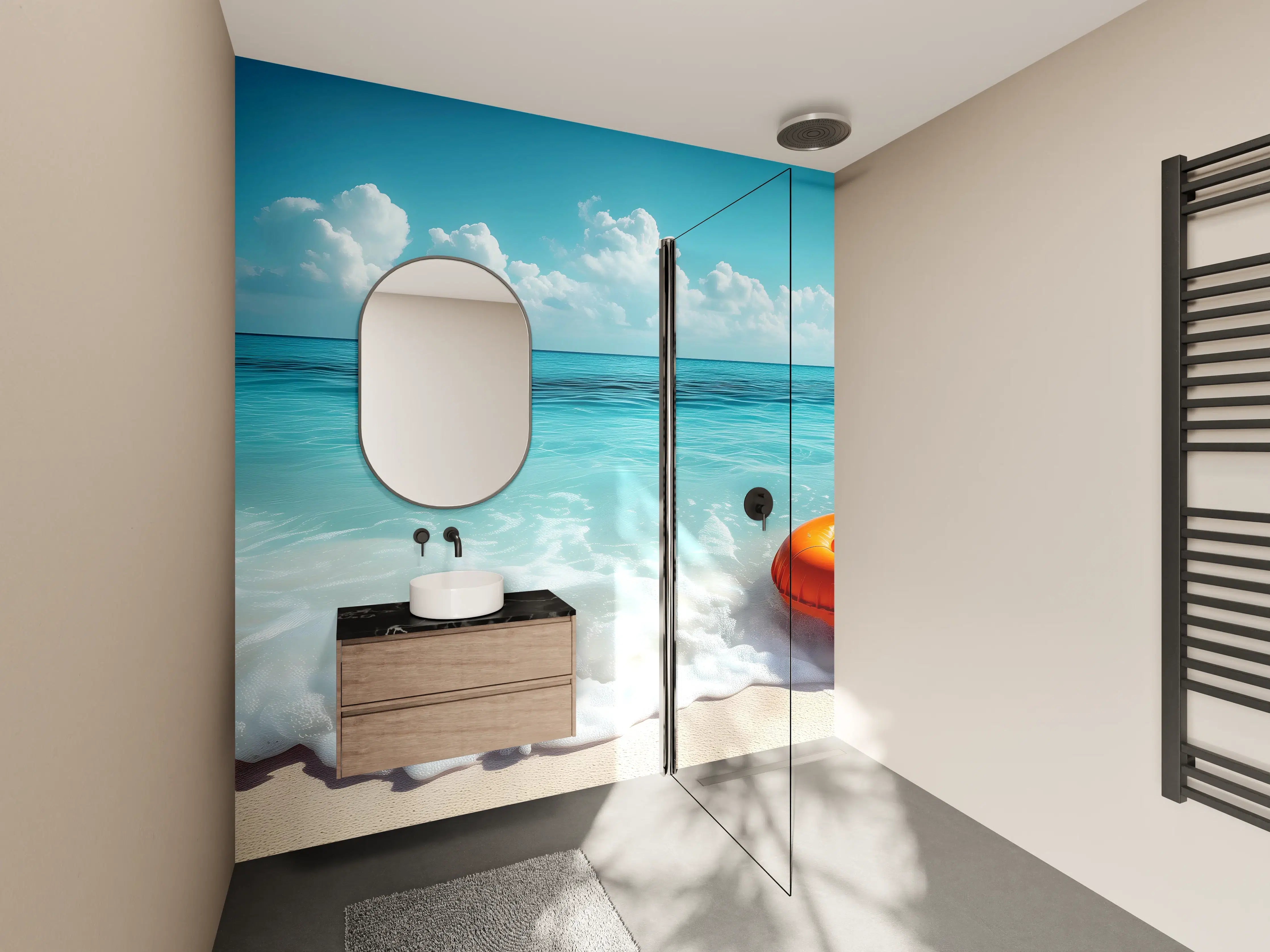 Wandverkleidung Bad - Strand mit orangefarbener Schwimmringe