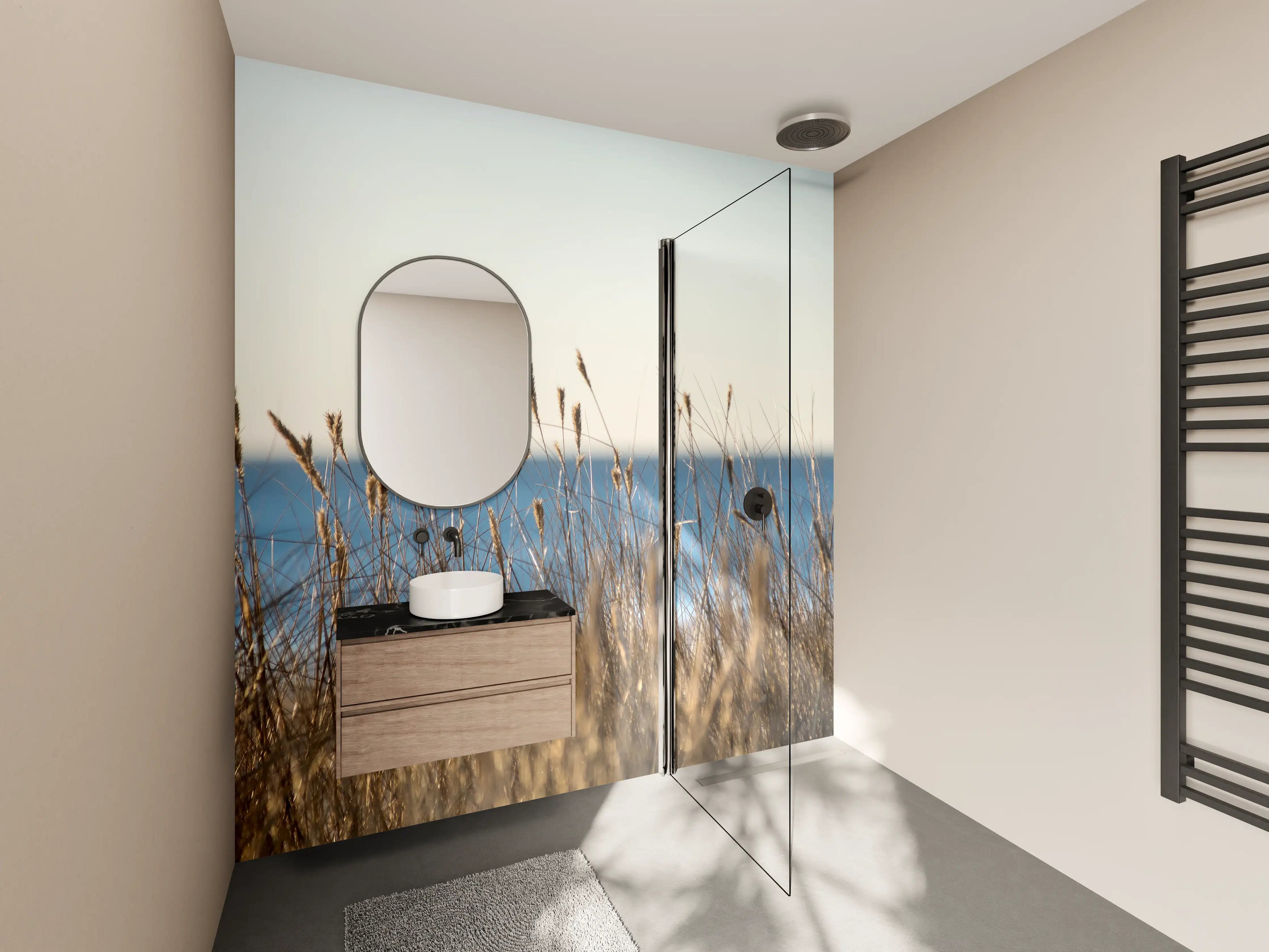 Wandverkleidung Bad - Strand mit trockenen Gräsern und Meerblick