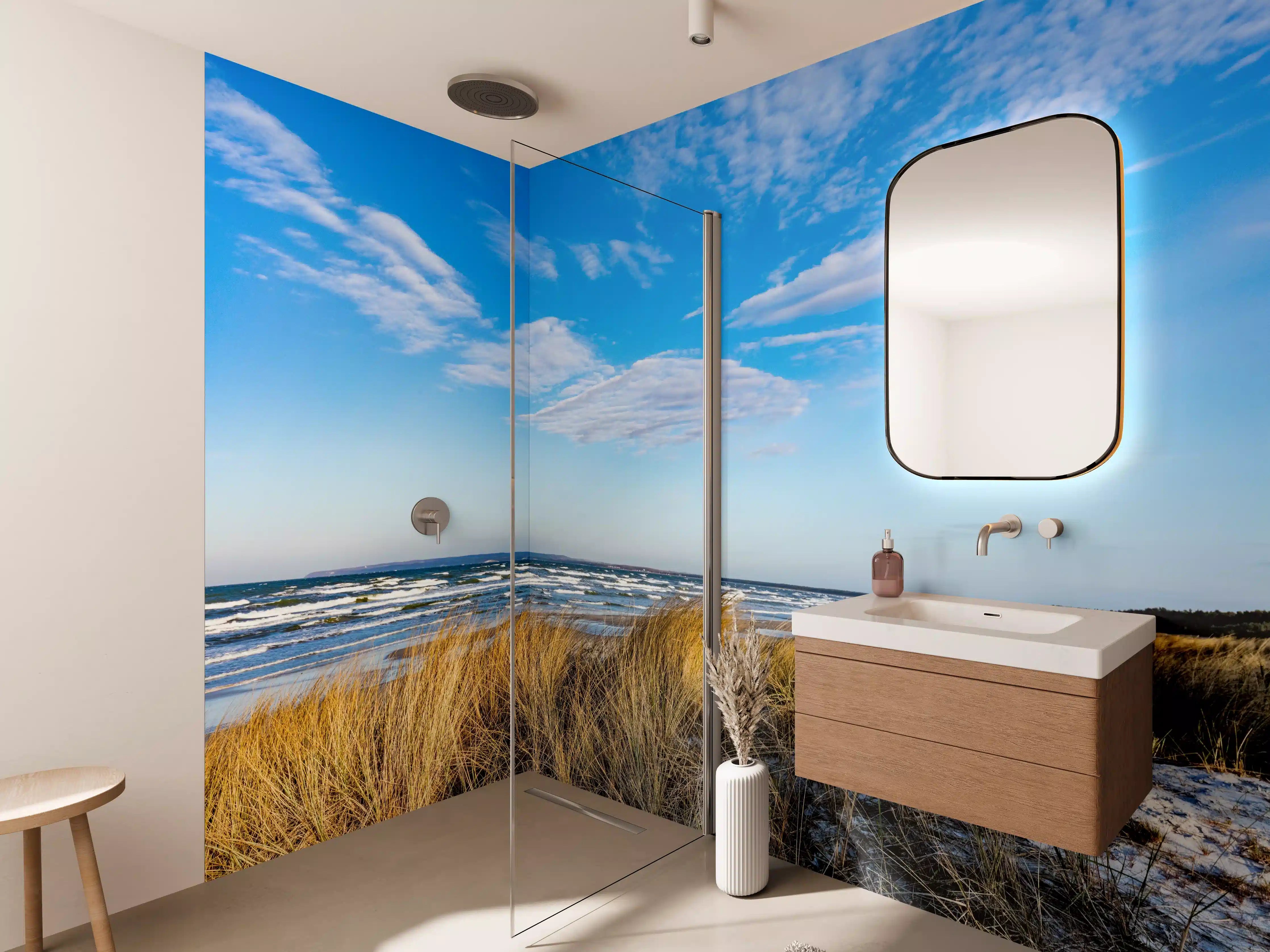 Wandverkleidung Bad - Strandlandschaft bei Sonnenschein