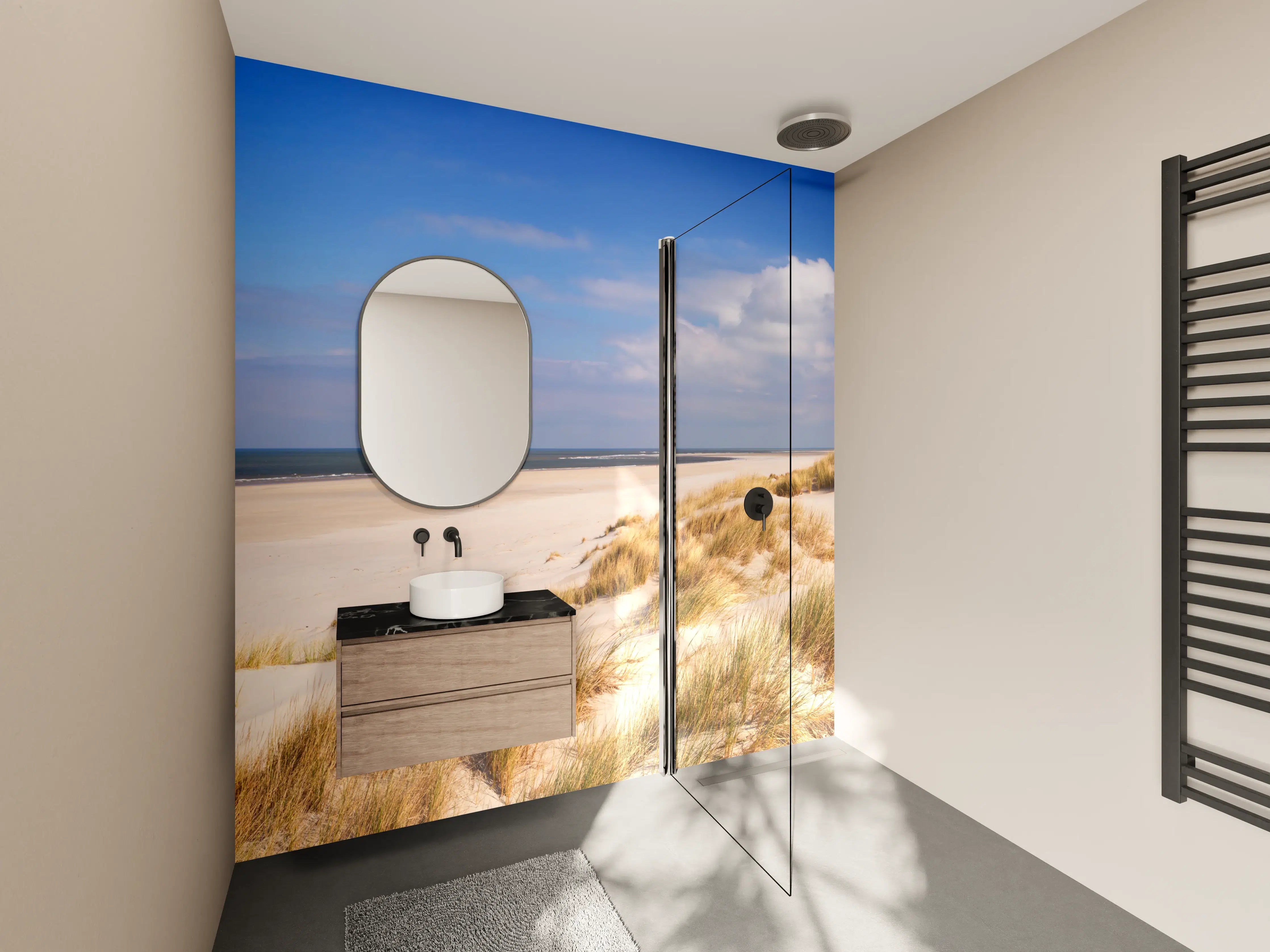 Wandverkleidung Bad - Strandlandschaft mit Sanddünen und Meer im Sonnenlicht