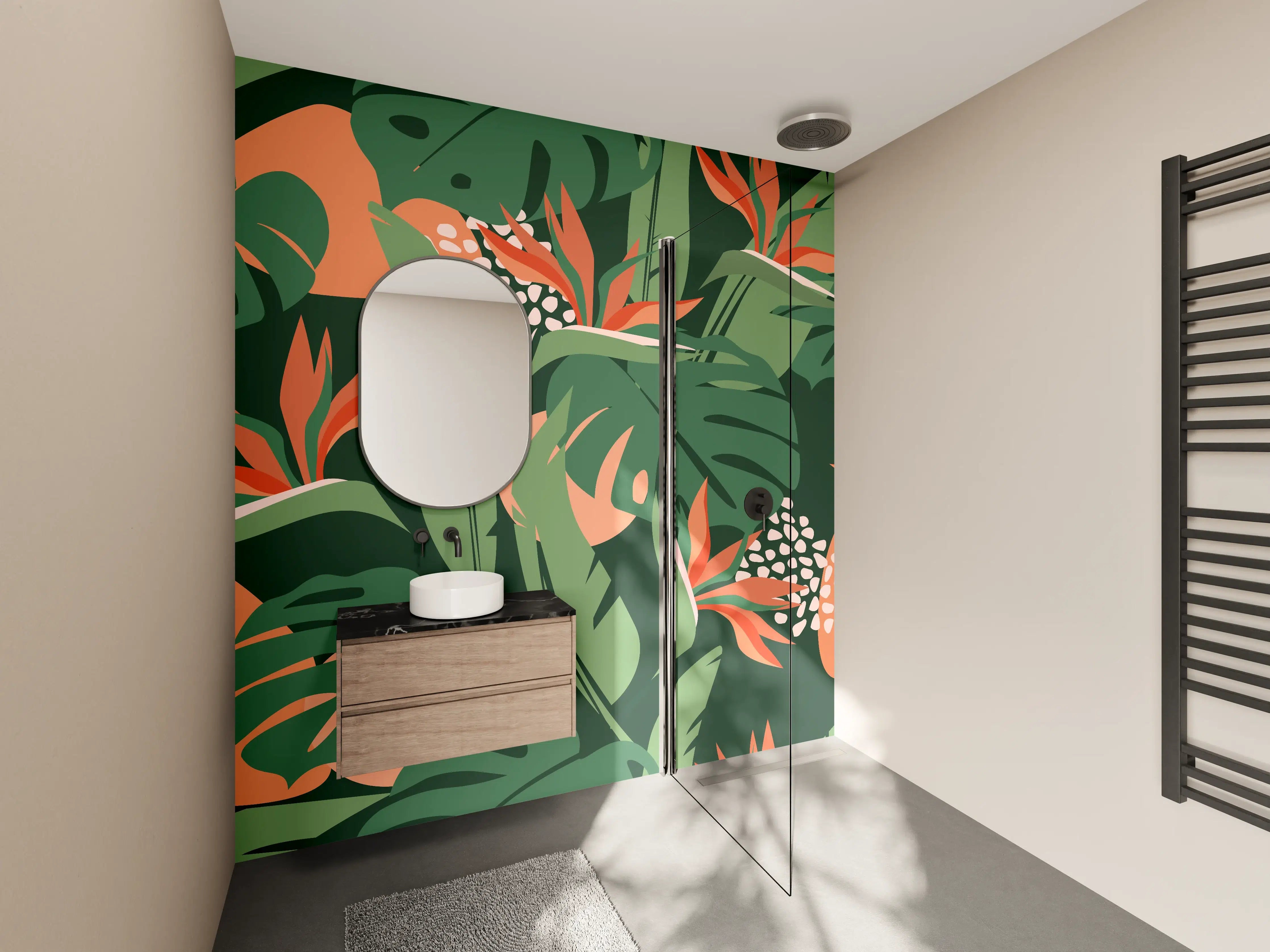 Wandverkleidung Bad - Strelitzia Tropenblatt Grün-Orange