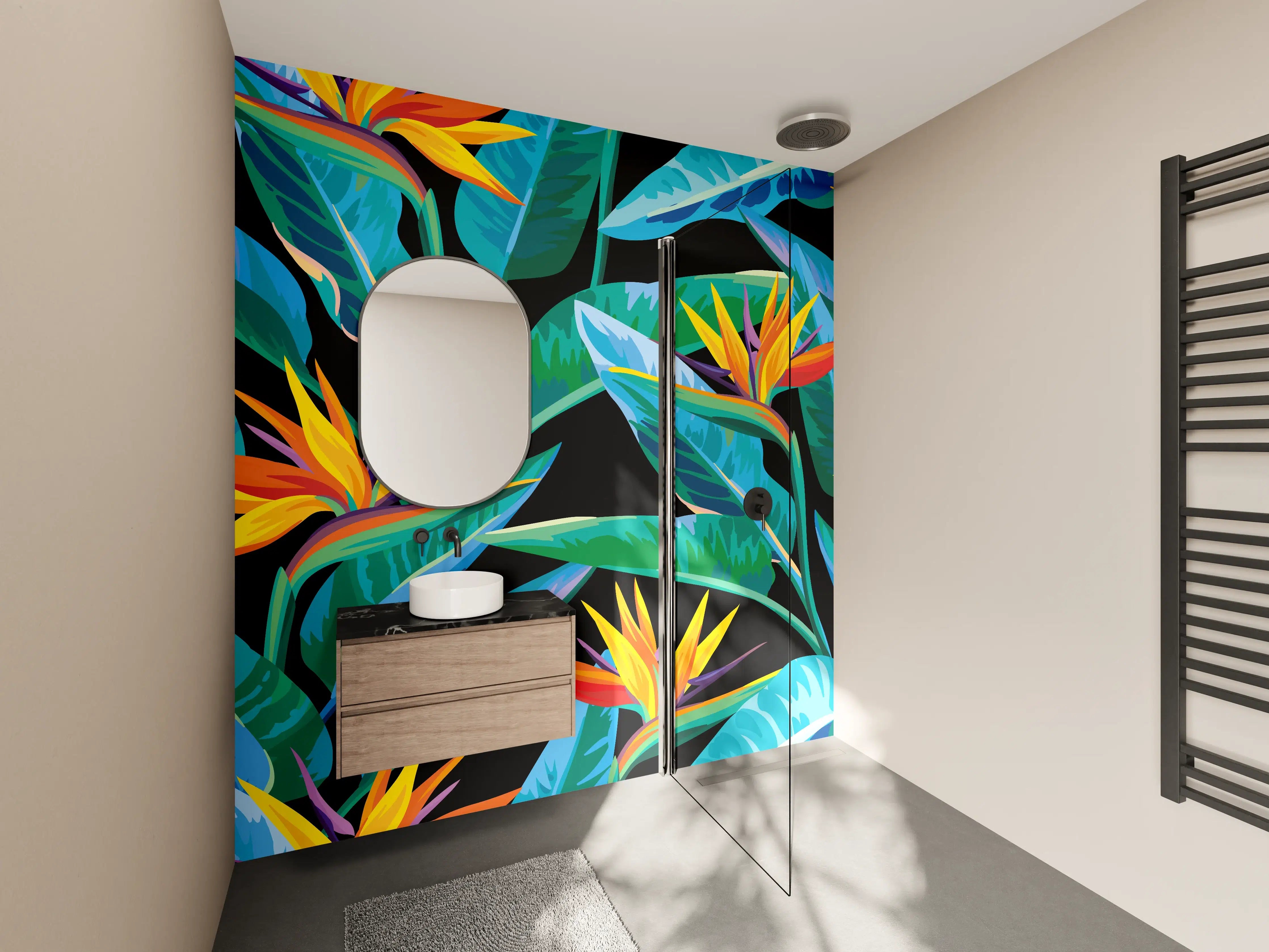 Wandverkleidung Bad - Strelitzia Tropic Schwarz-Exotik