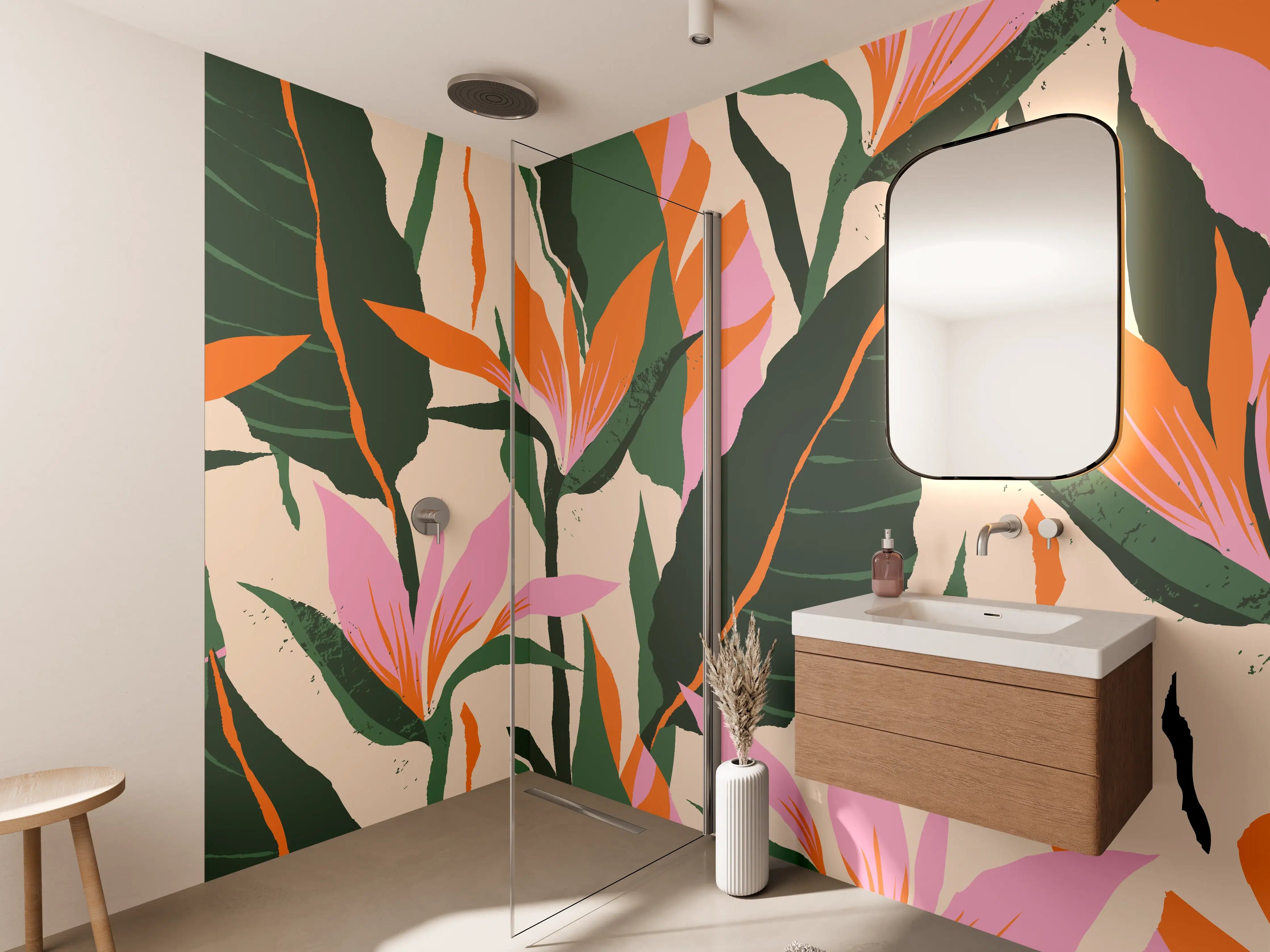 Wandverkleidung Bad - Strelitzia Tropische Blütenornamente