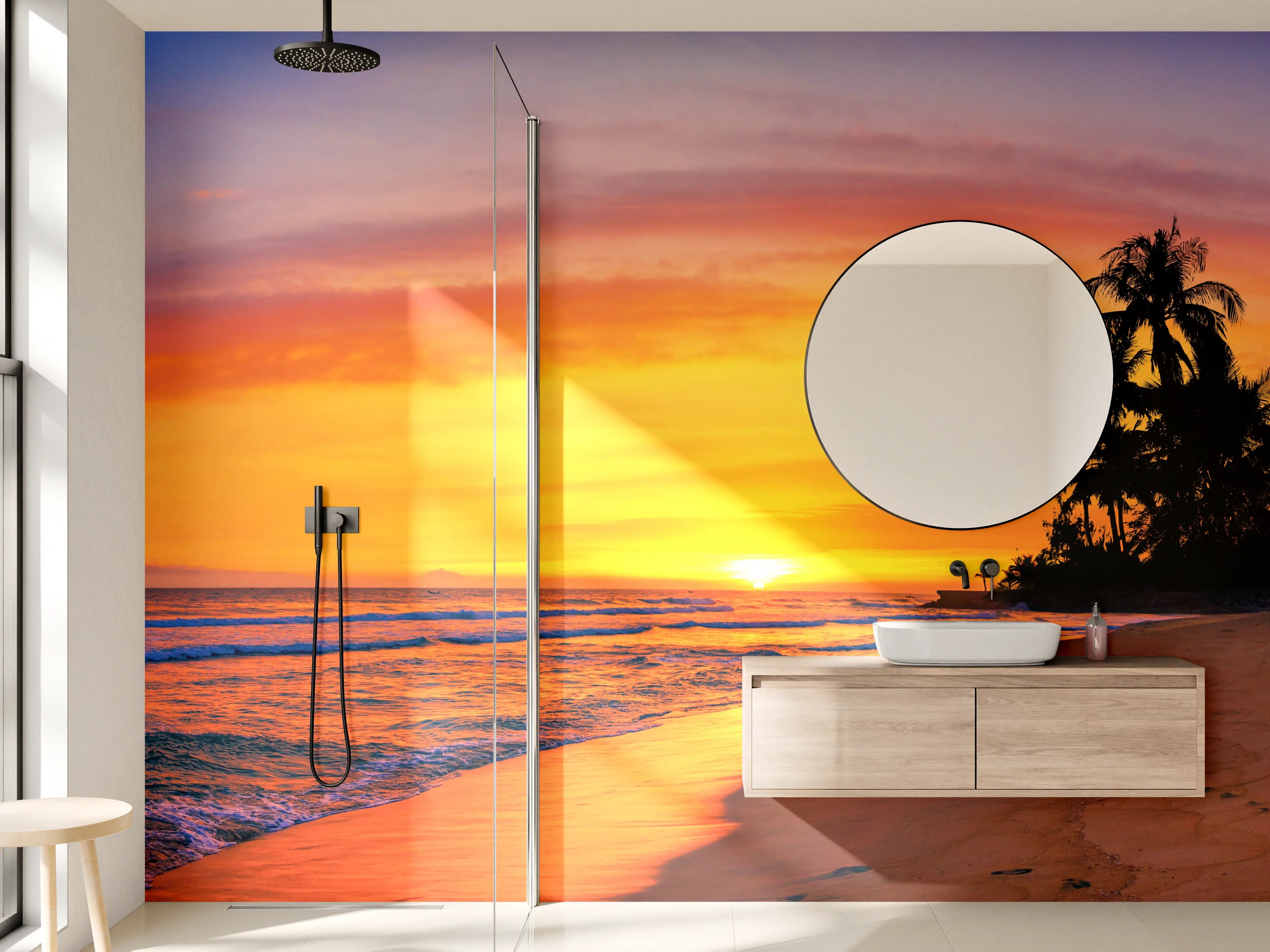 Wandverkleidung Bad - Sunset am Strand mit Palmen