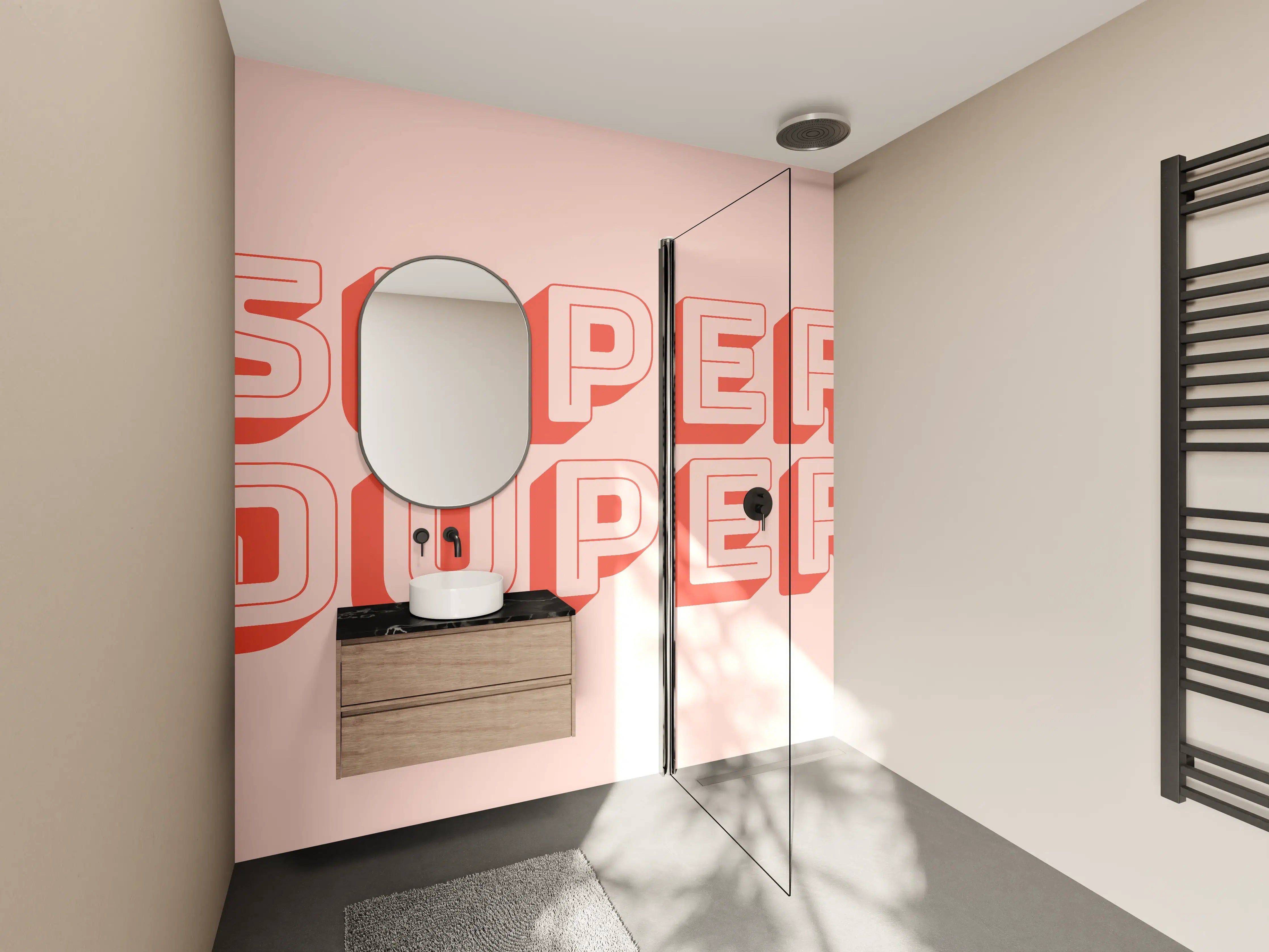 Wandverkleidung Bad - Super Duper – Fröhliches 3D-Schriftzug-Design