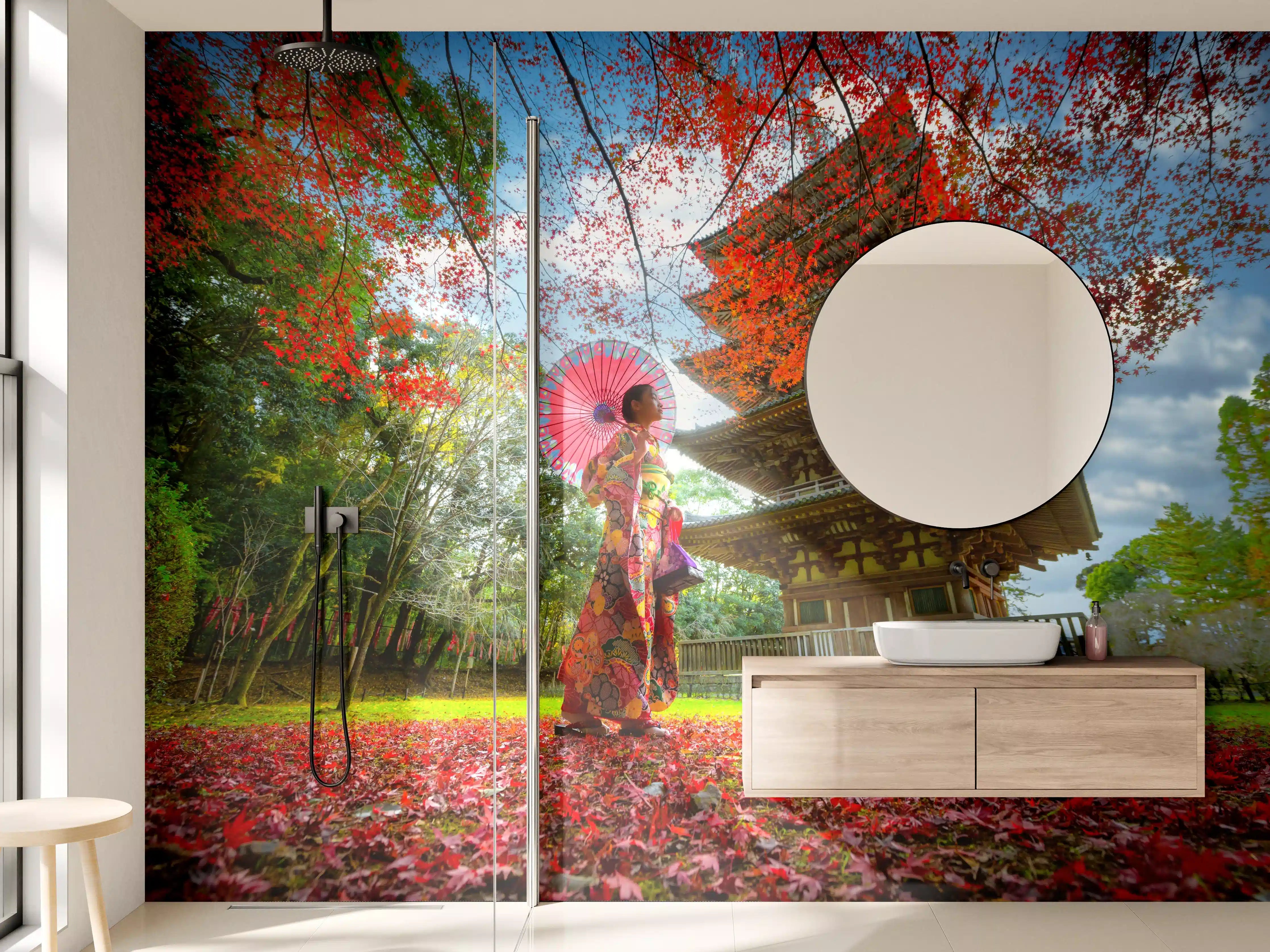 Wandverkleidung Bad - Tempel in Japan in Herbstlicher Landschaft