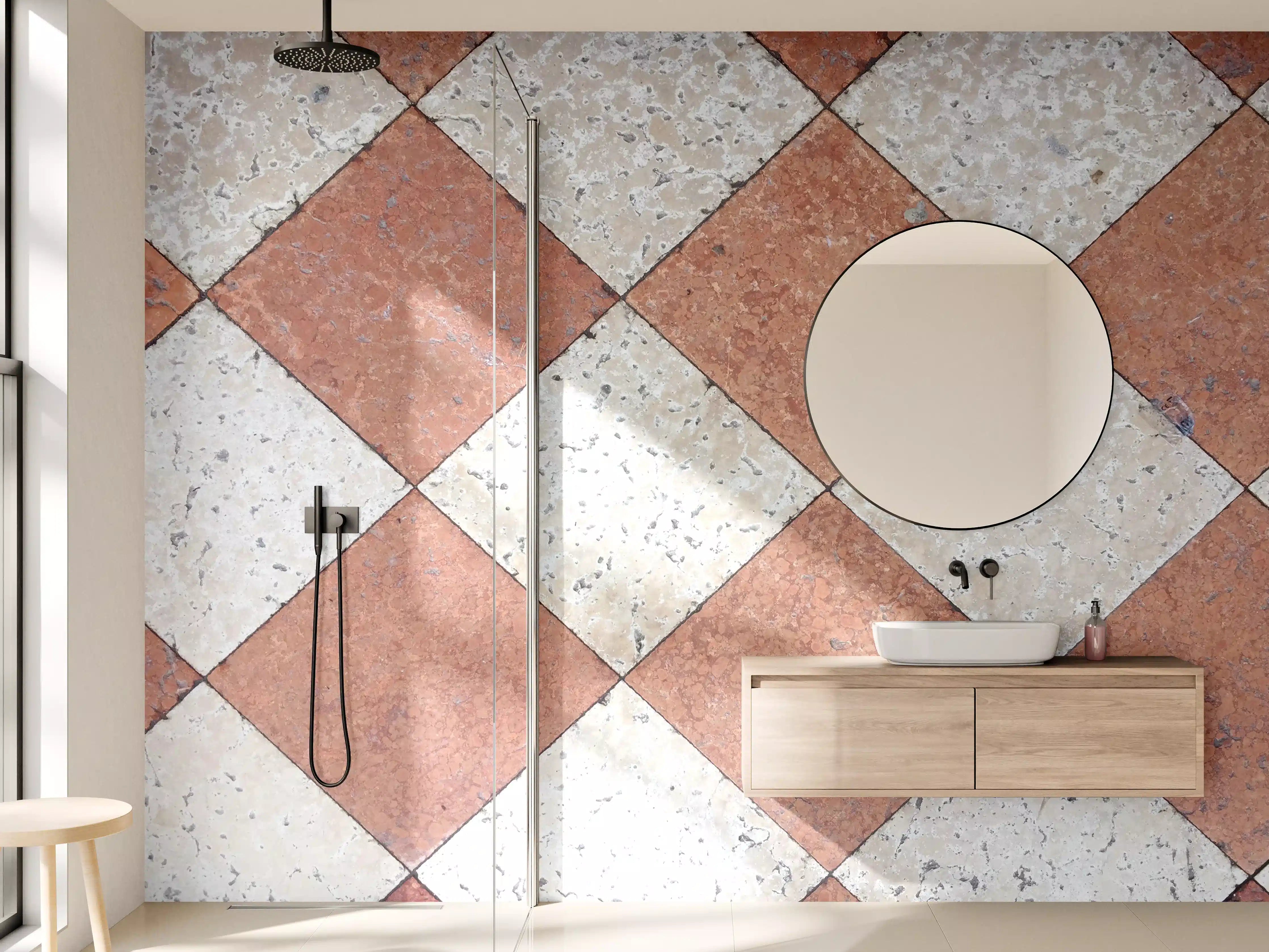 Wandverkleidung Bad - Terrakotta- und Beige-Fliesen mit Textur