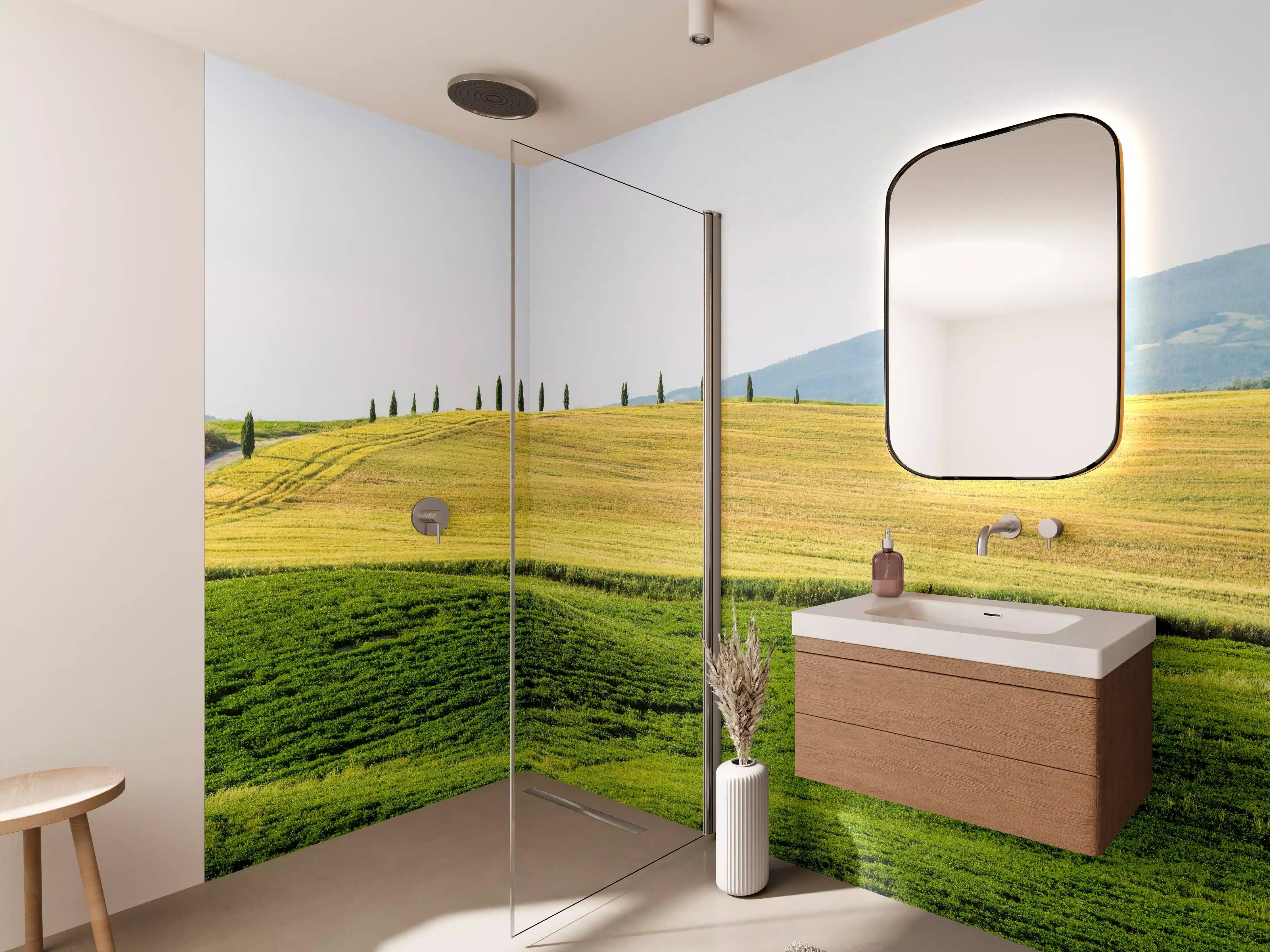 Wandverkleidung Bad - Toskana Hügel Panorama Grün-Gelb