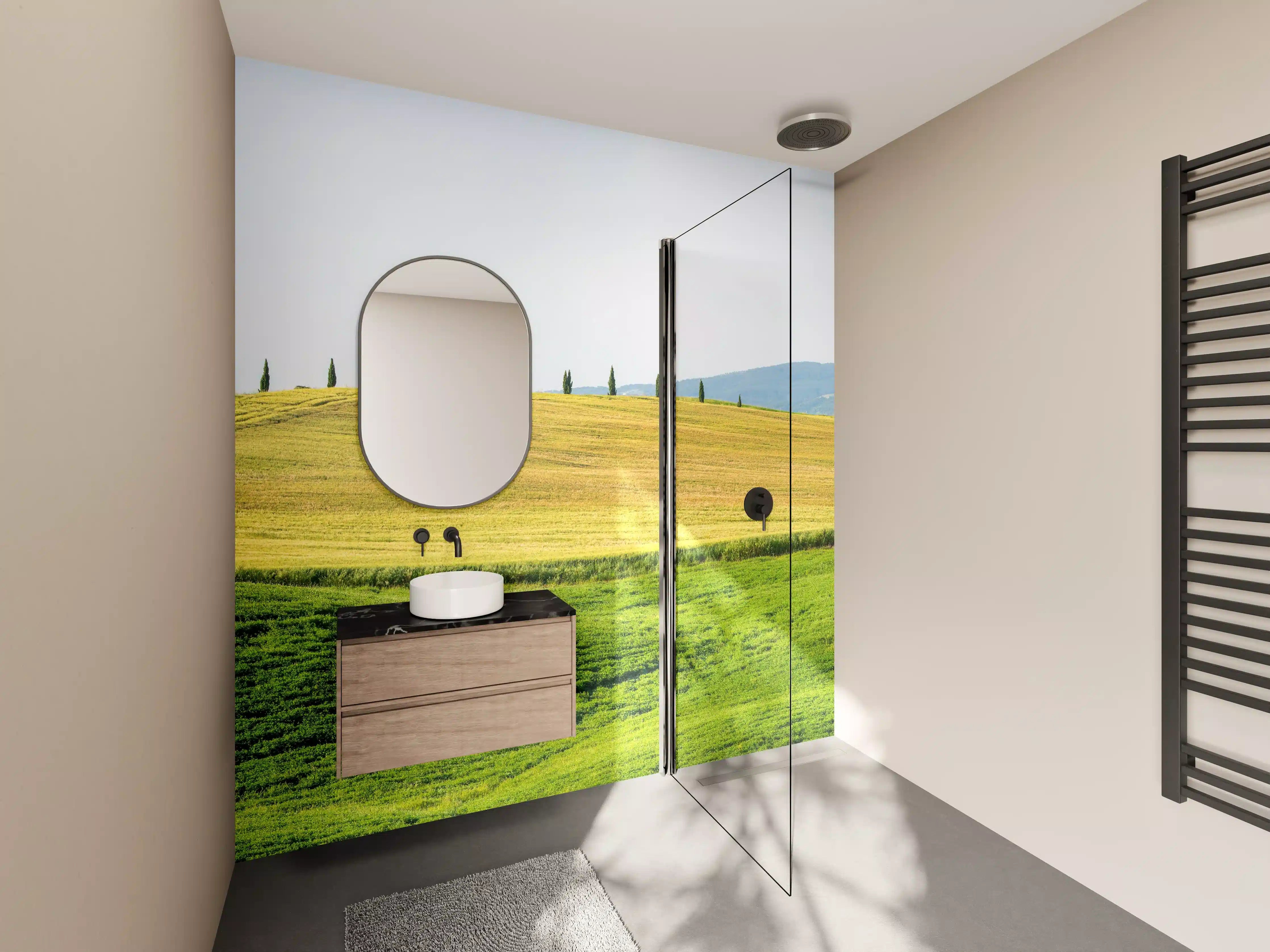 Wandverkleidung Bad - Toskana Hügel Panorama Grün-Gelb