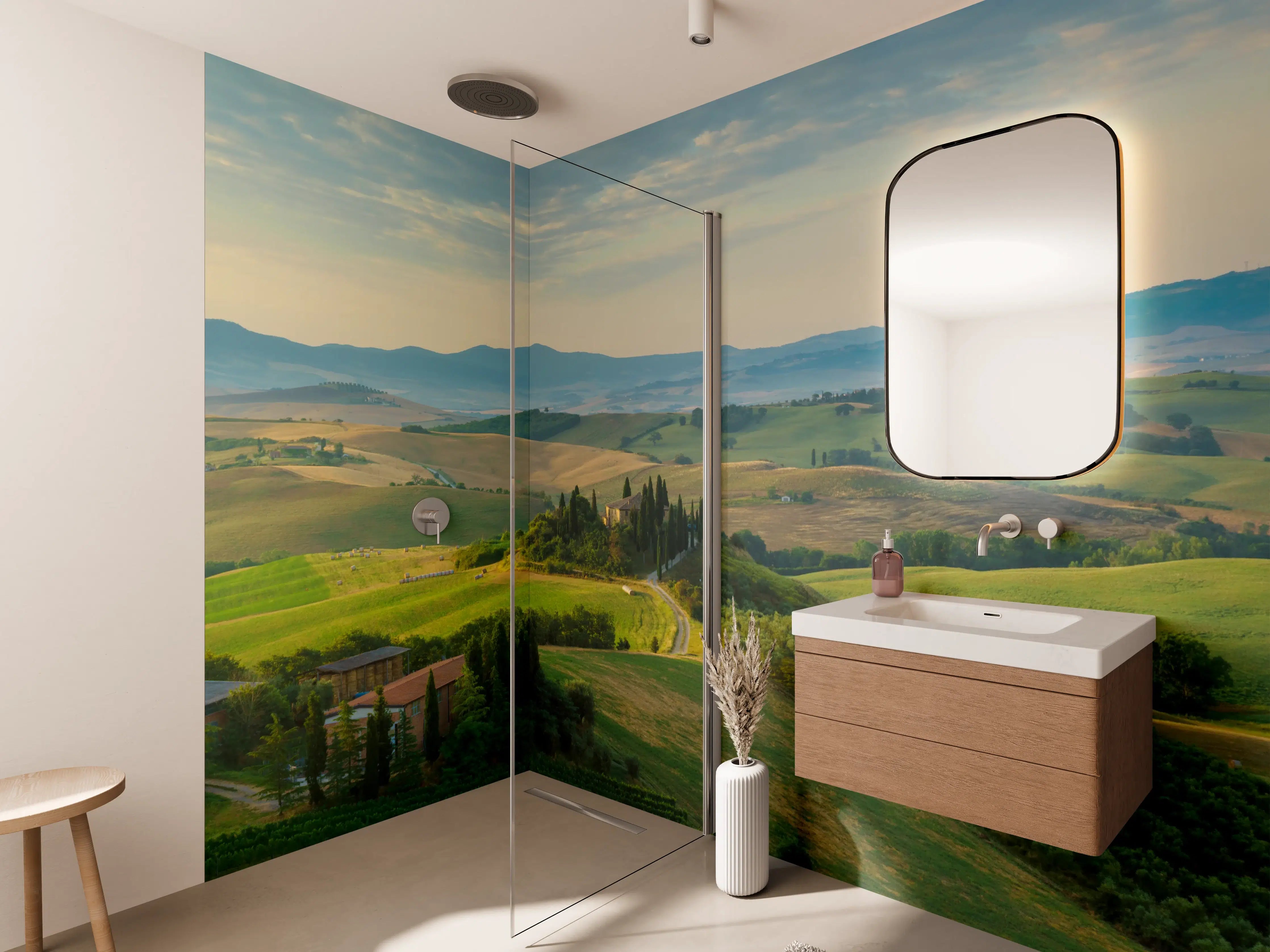 Wandverkleidung Bad - Toskana Hügellandschaft Grün-Gold