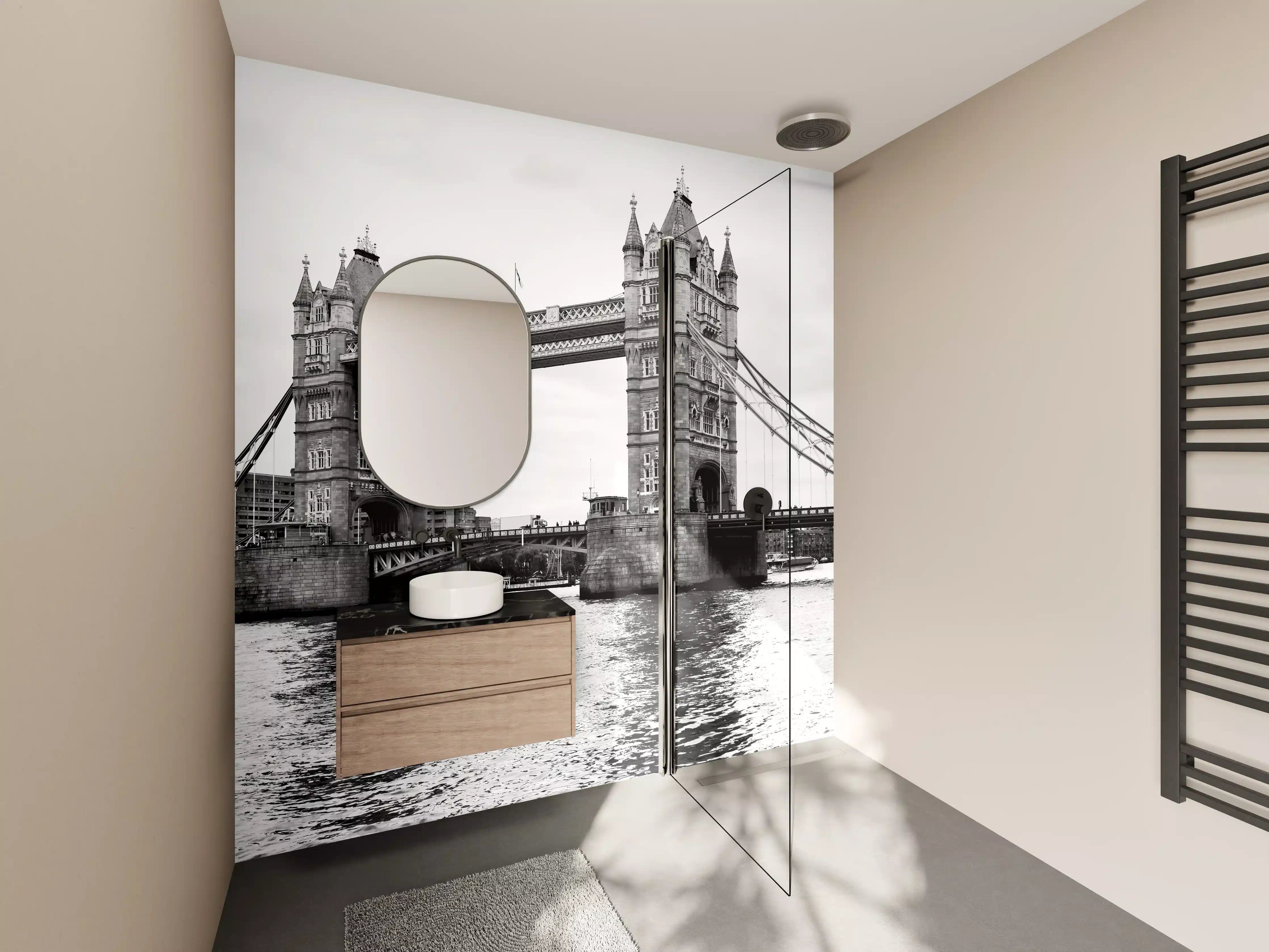 Wandverkleidung Bad - Tower Bridge im Schwarz-Weiß-Look