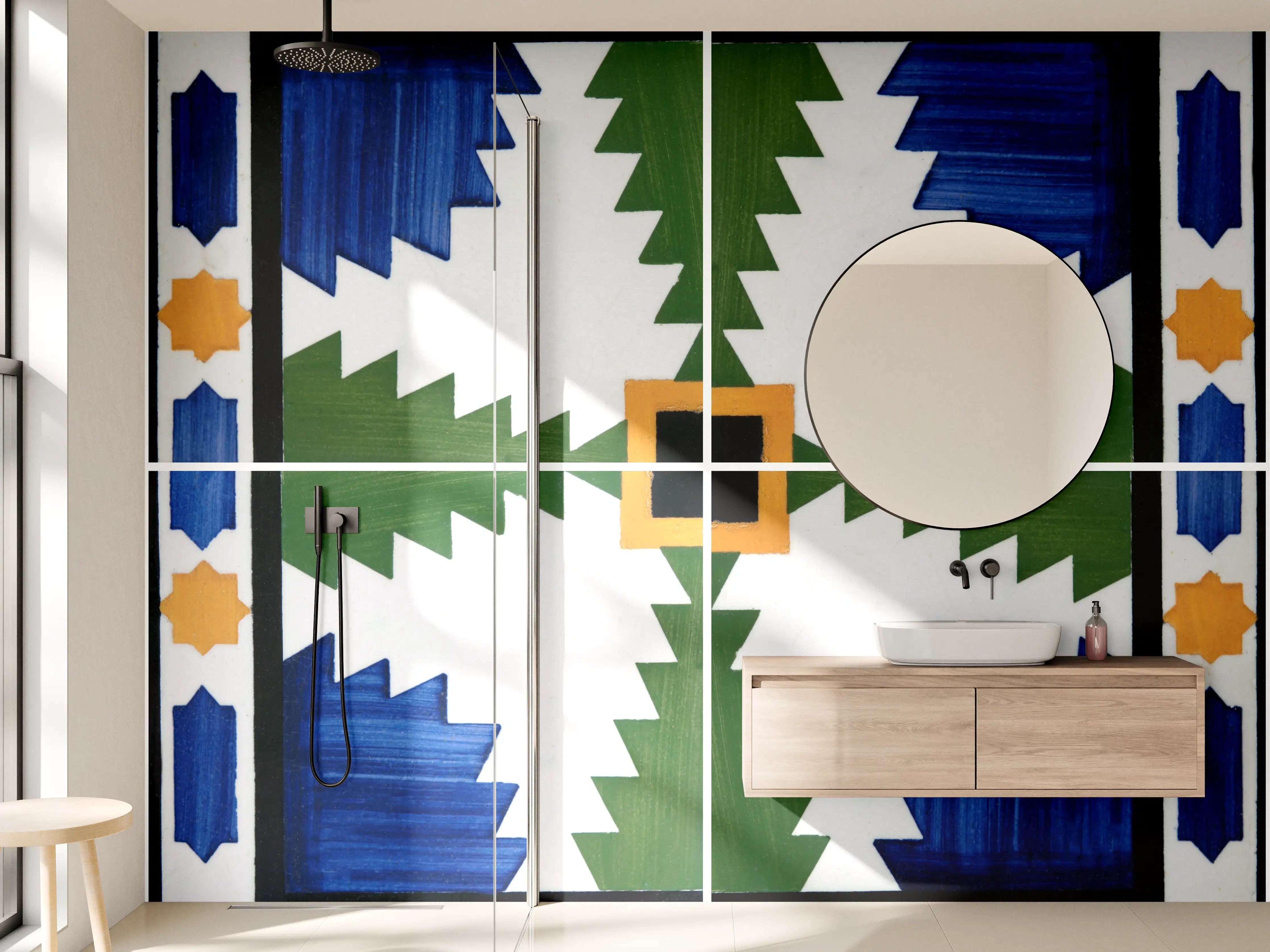 Wandverkleidung Bad - Traditionelle Fliesenmuster in Blau, Grün und Orange