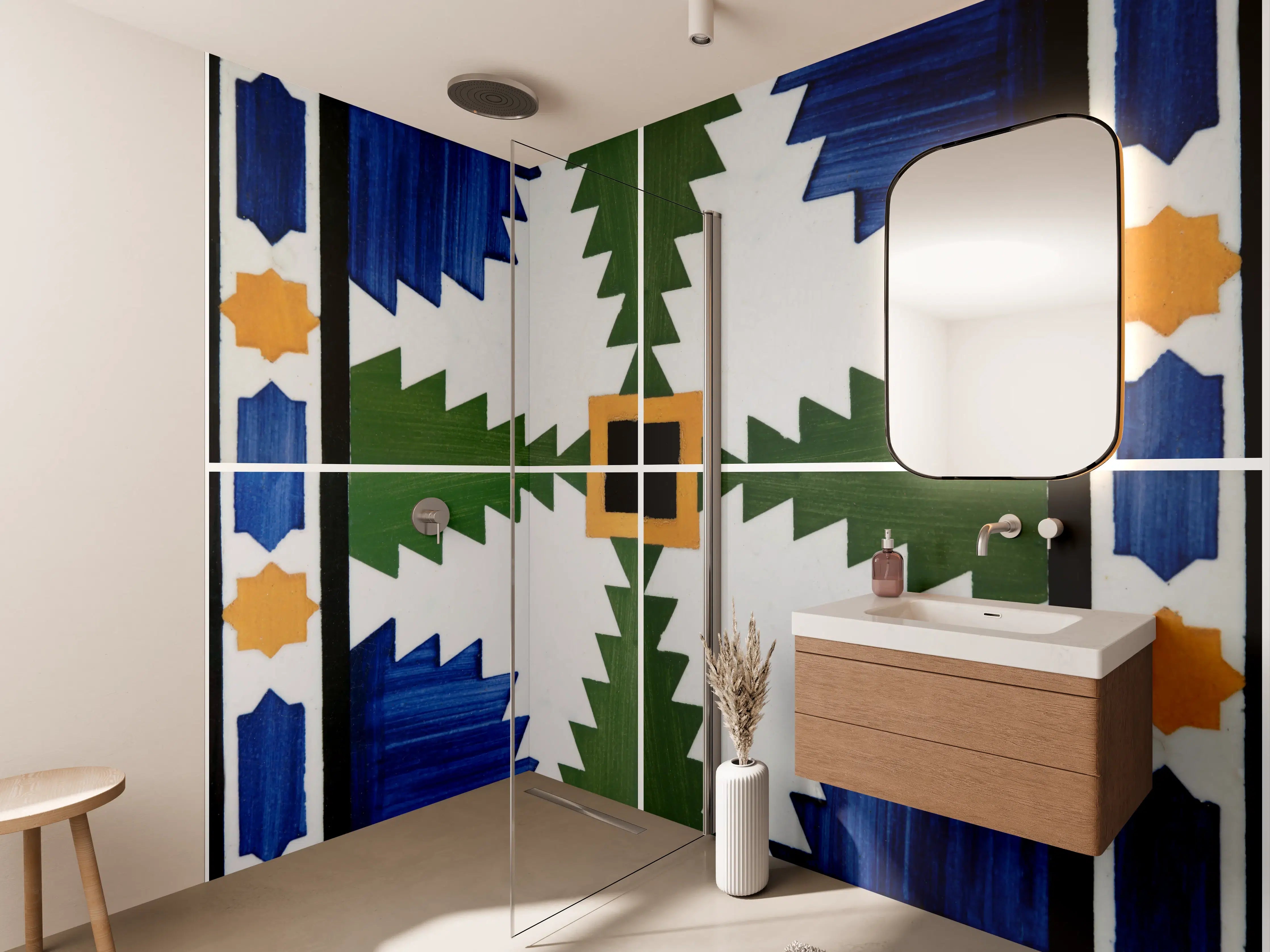 Wandverkleidung Bad - Traditionelle Fliesenmuster in Blau, Grün und Orange